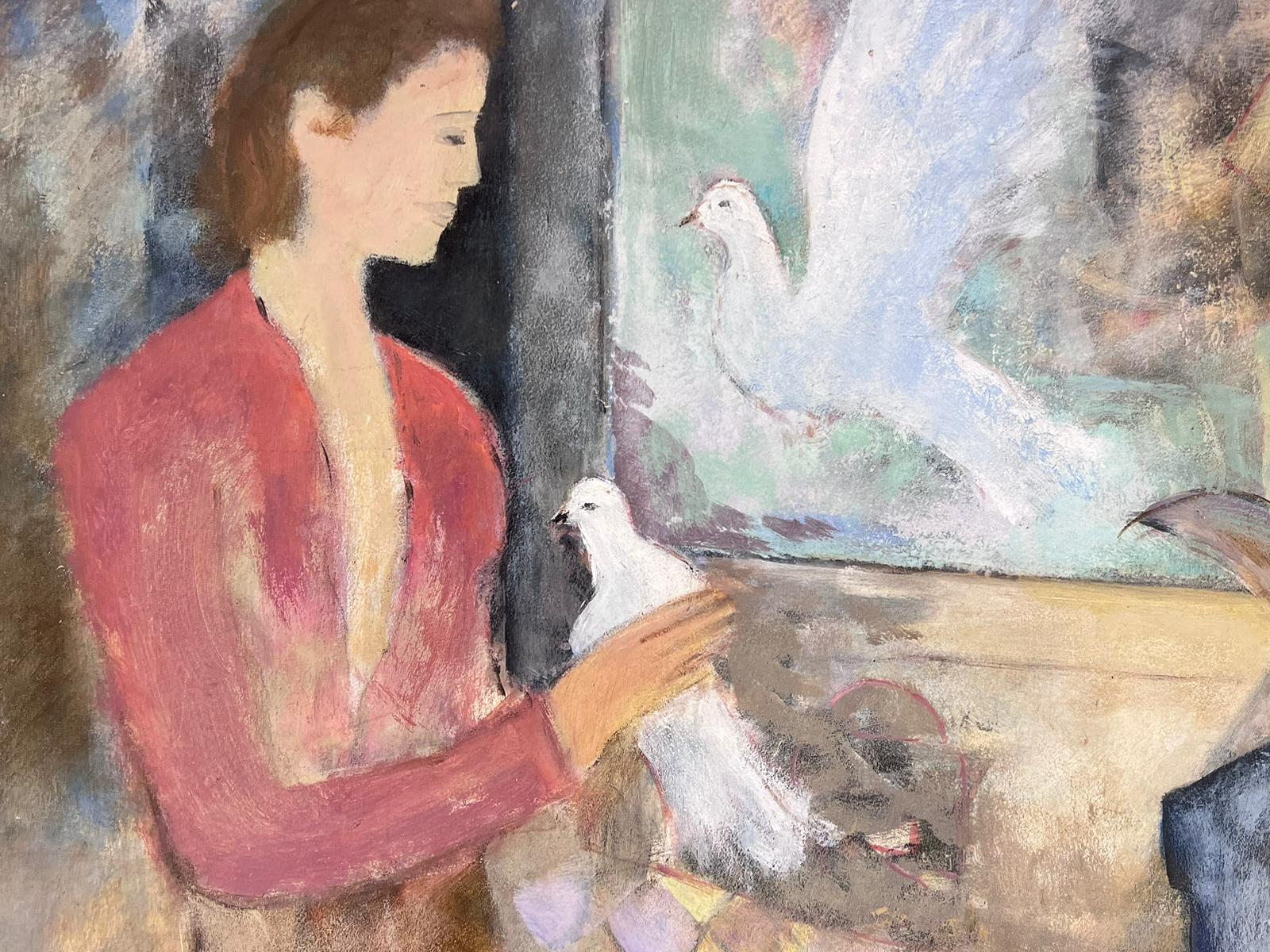 20th Century French Modernist Oil Lady with White Doves Signed original 2