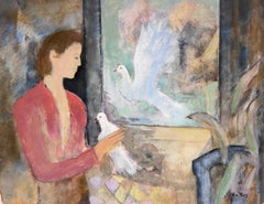 20th Century French Modernist Oil Lady with White Doves Signed original