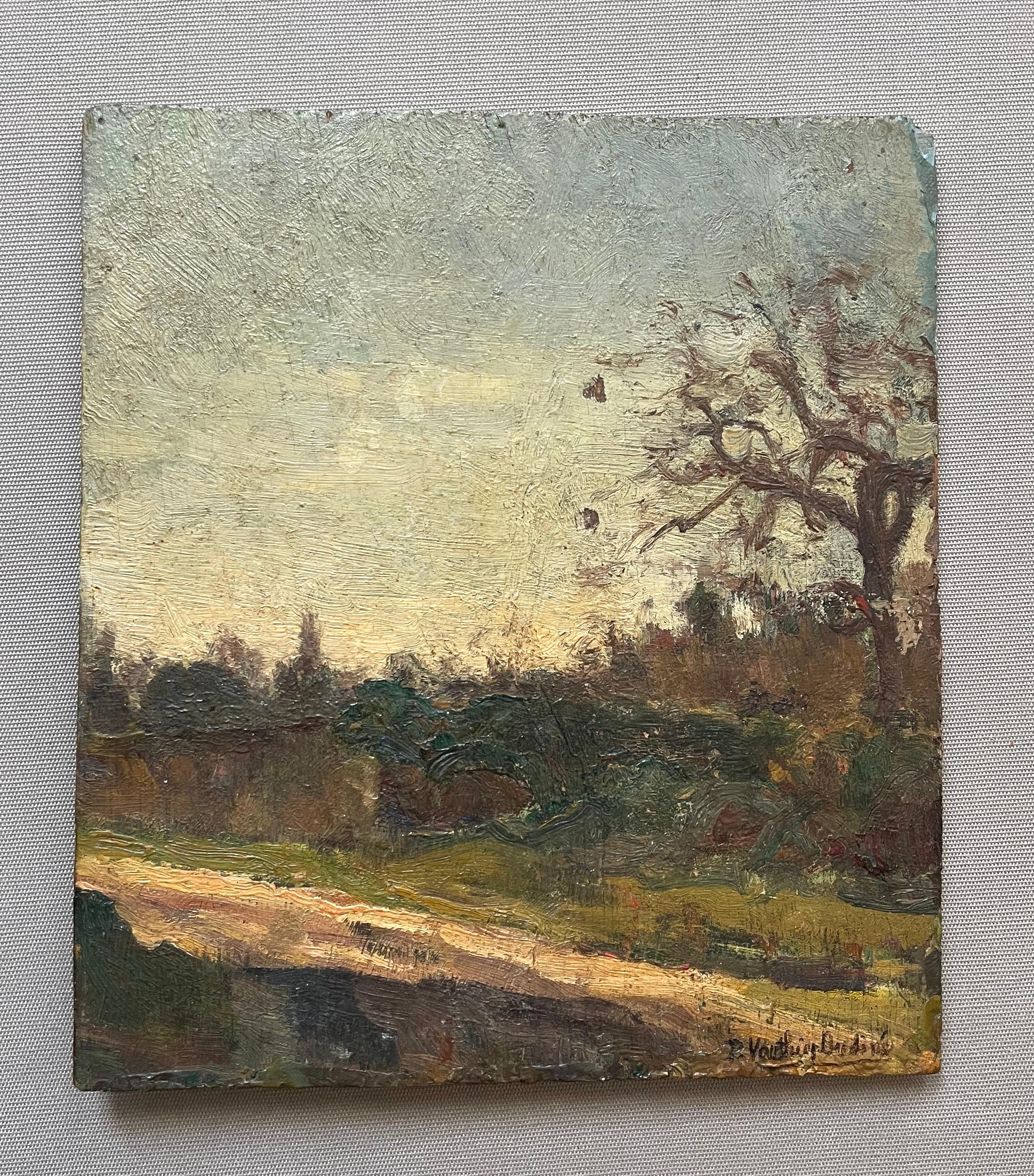 Landschaft.  Skizze auf Platte signiert Pierre Vauthier Oudiné.  Abnutzungserscheinungen und kleine Übermalungen an den Rändern der Platte, kleine Farbverluste.  22 x 19.5 cm
