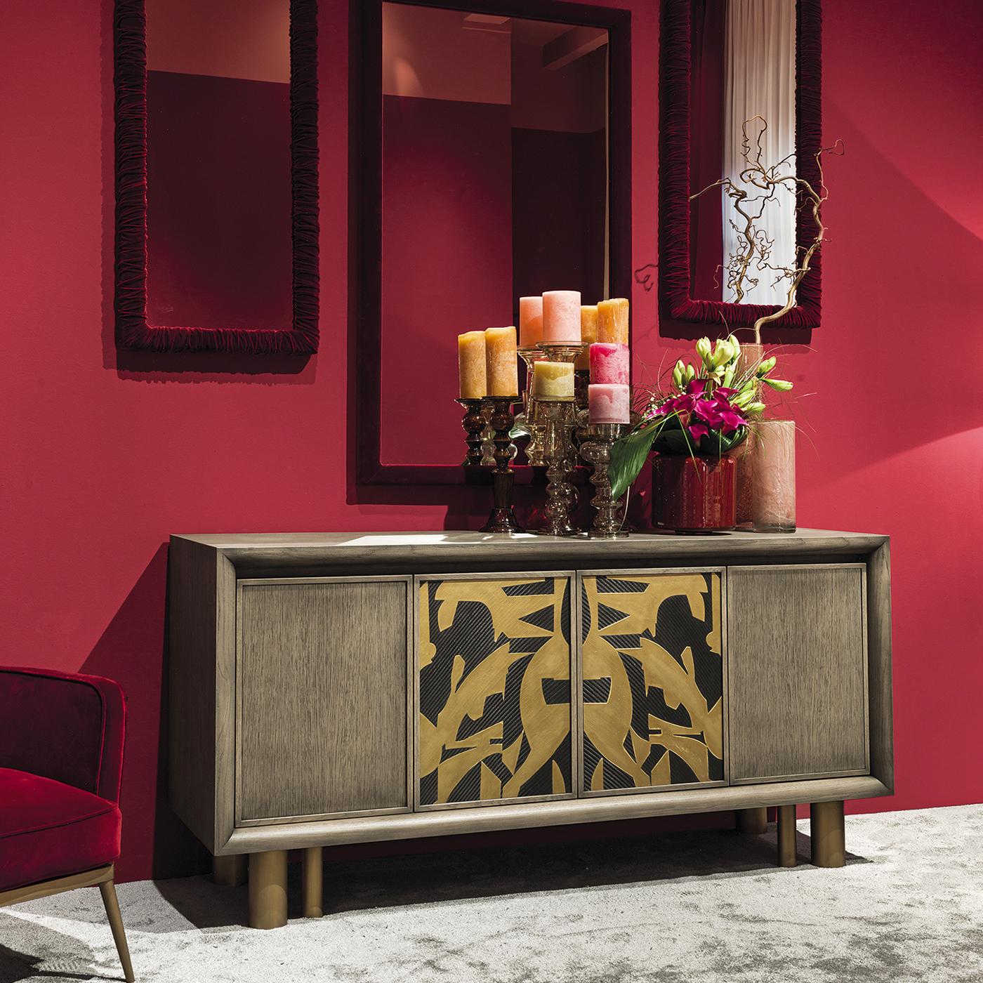 Proving things are often not as they seem, the Pierre mirror offers a fun surprise upon closer inspection. From a distance, it would appear to be a simple rectangular mirror, however, moving closer, one can see the original red velvet frame, making