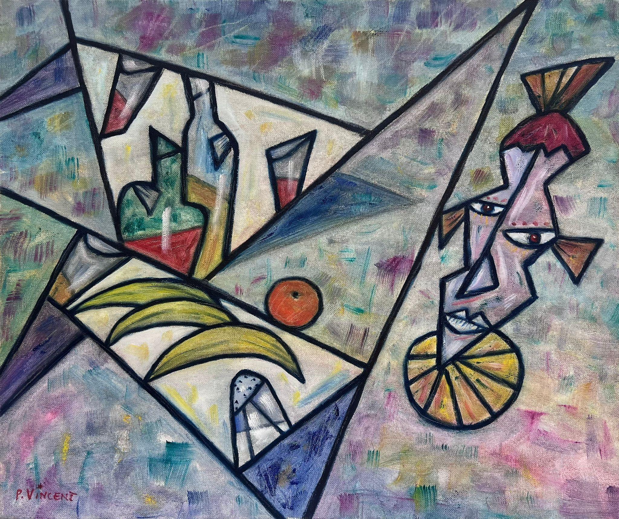 Abstract Painting Pierre Vincent - Peinture à l'huile cubiste française Nature morte Composition abstraite