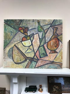 French Cubist Contemporary Oil Painting Still Life Wine & Fruit, signed