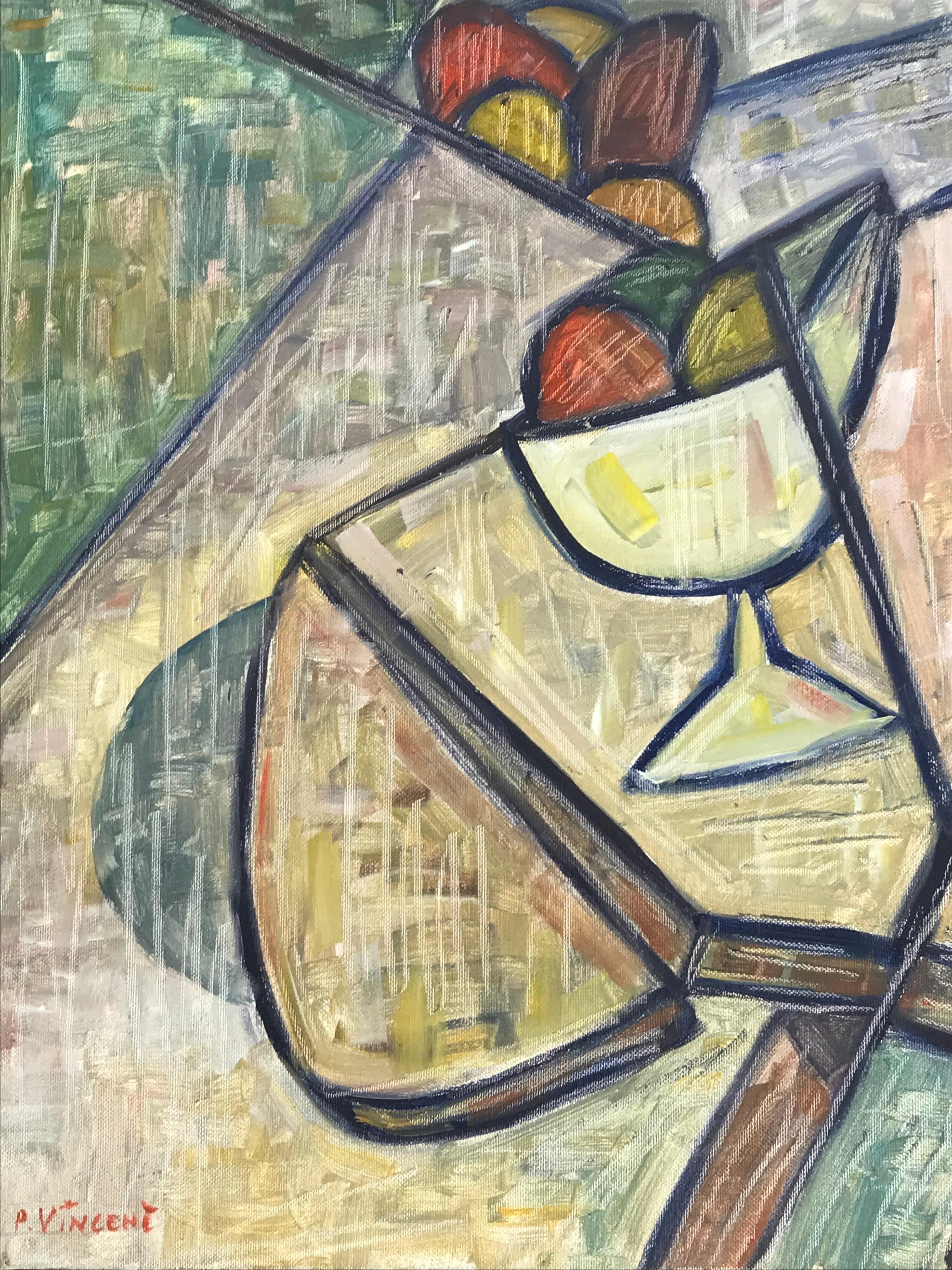 Óleo Cubista Francés Contemporáneo Bodegón Vino y Fruta, firmado 1