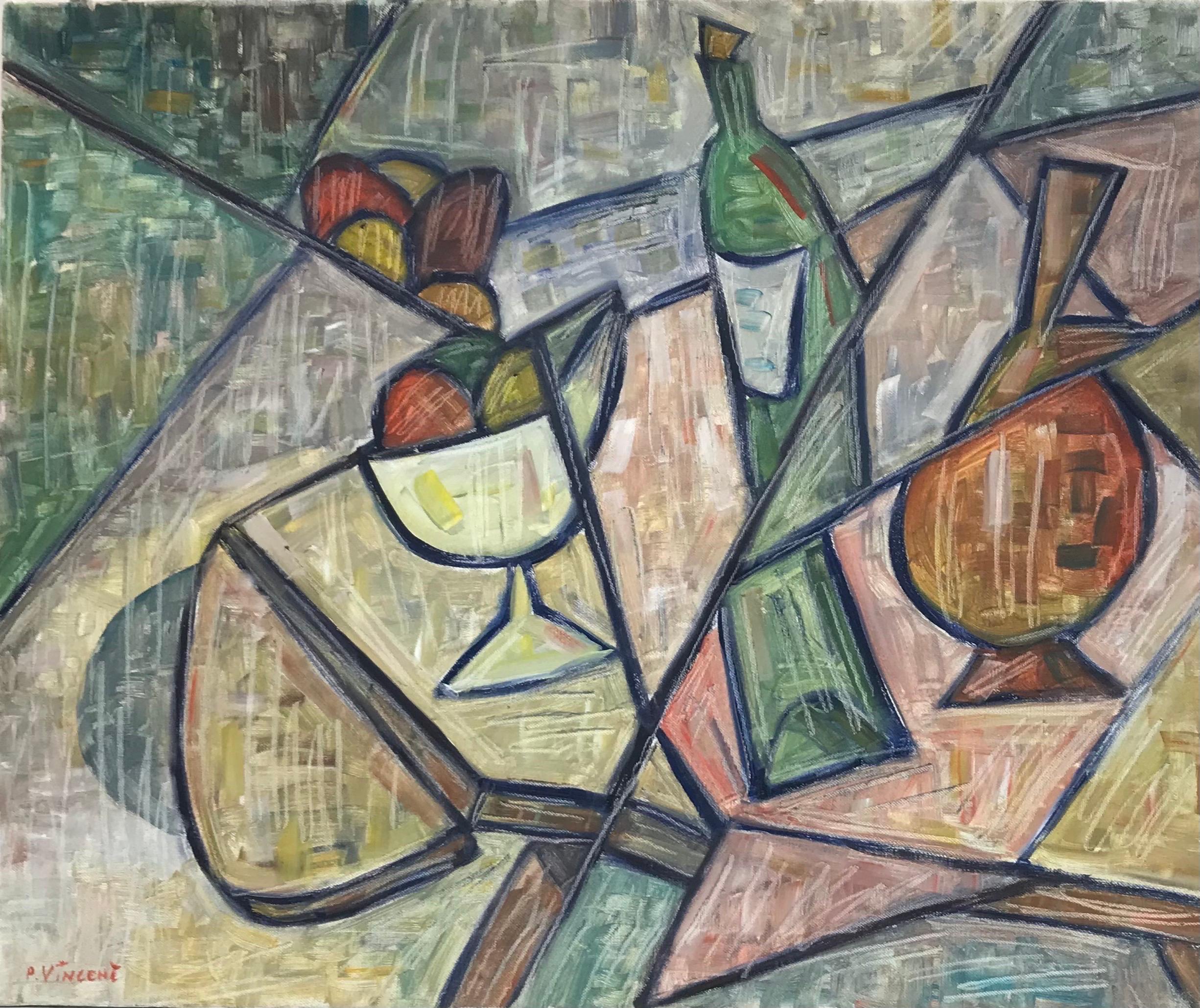 Pierre Vincent Abstract Painting - French Cubist Contemporary Oil Painting Still Life Wine & Fruit, signed