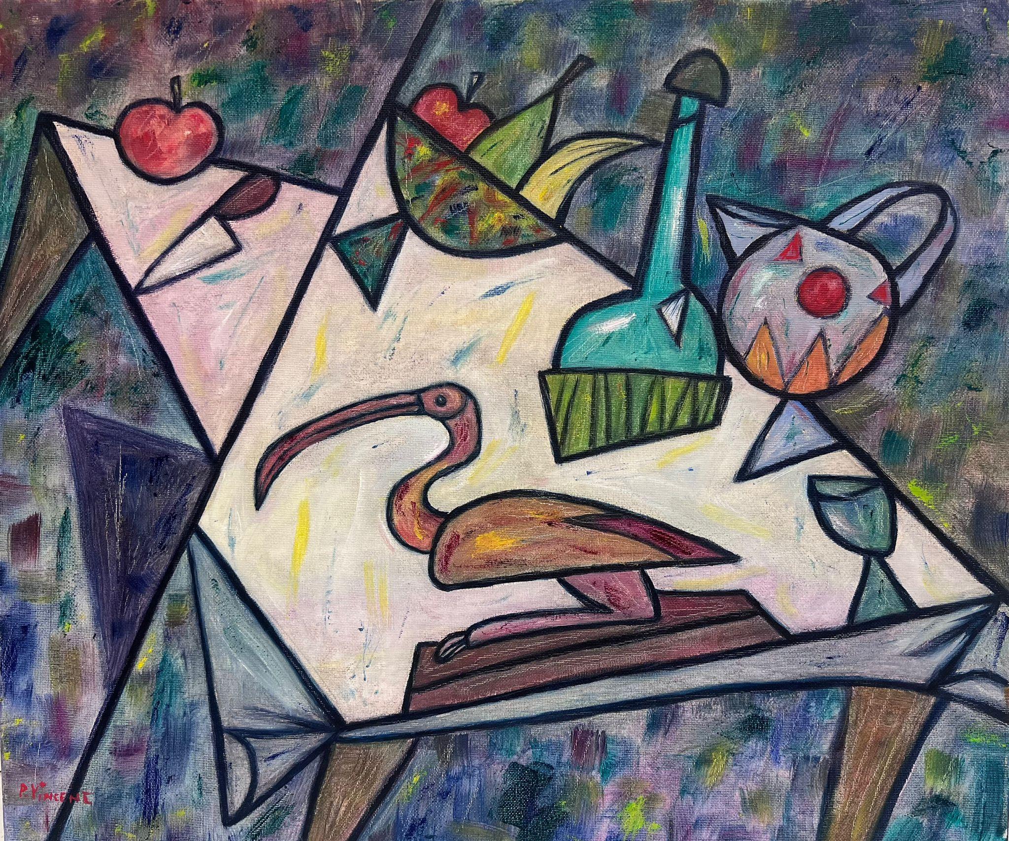 Large French Contemporary Signed Oil Cubist Still Life Composition