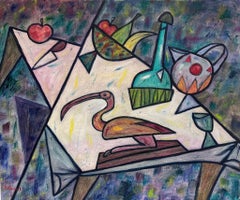 Used Large French Contemporary Signed Oil Cubist Still Life Composition
