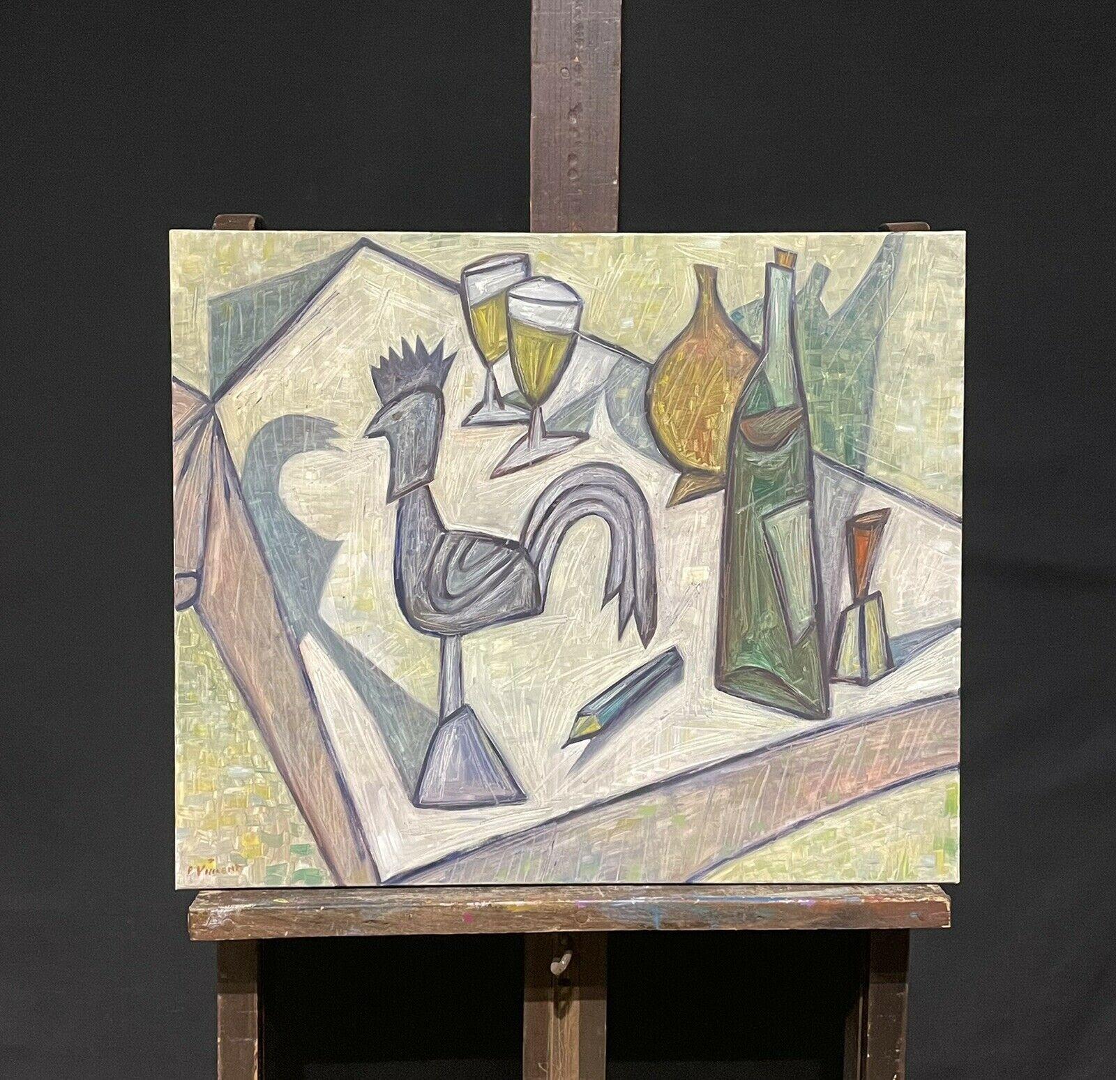 SIGNED FRENCH CUBIST STILL LIFE OIL PAINTING - KITCHEN TABLE TOP WINE & BOTTLES - Painting by Pierre Vincent