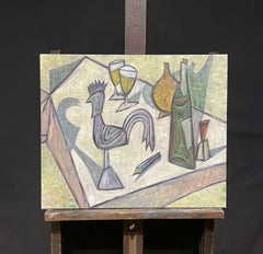 SIGNED FRENCH CUBIST STILL LIFE OIL PAINTING - KITCHEN TABLE TOP WINE & BOTTLES