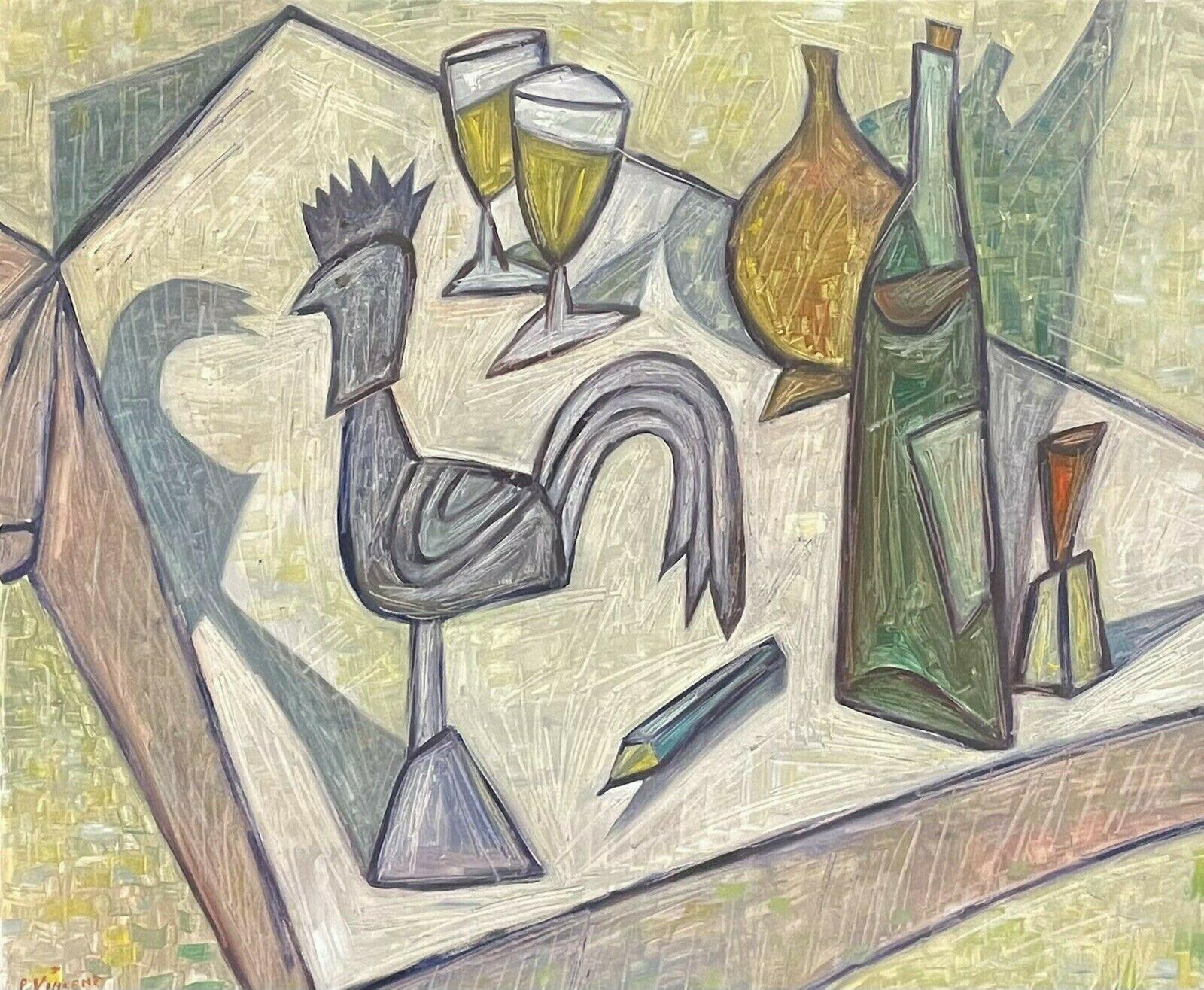 SIGNED FRENCH CUBIST STILL LIFE OIL PAINTING - KITCHEN TABLE TOP WINE & BOTTLES
