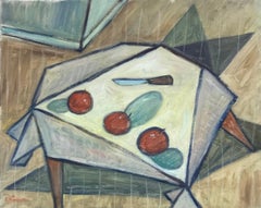 Superbe peinture à l'huile abstraite cubiste française Nature morte à la table de cuisine
