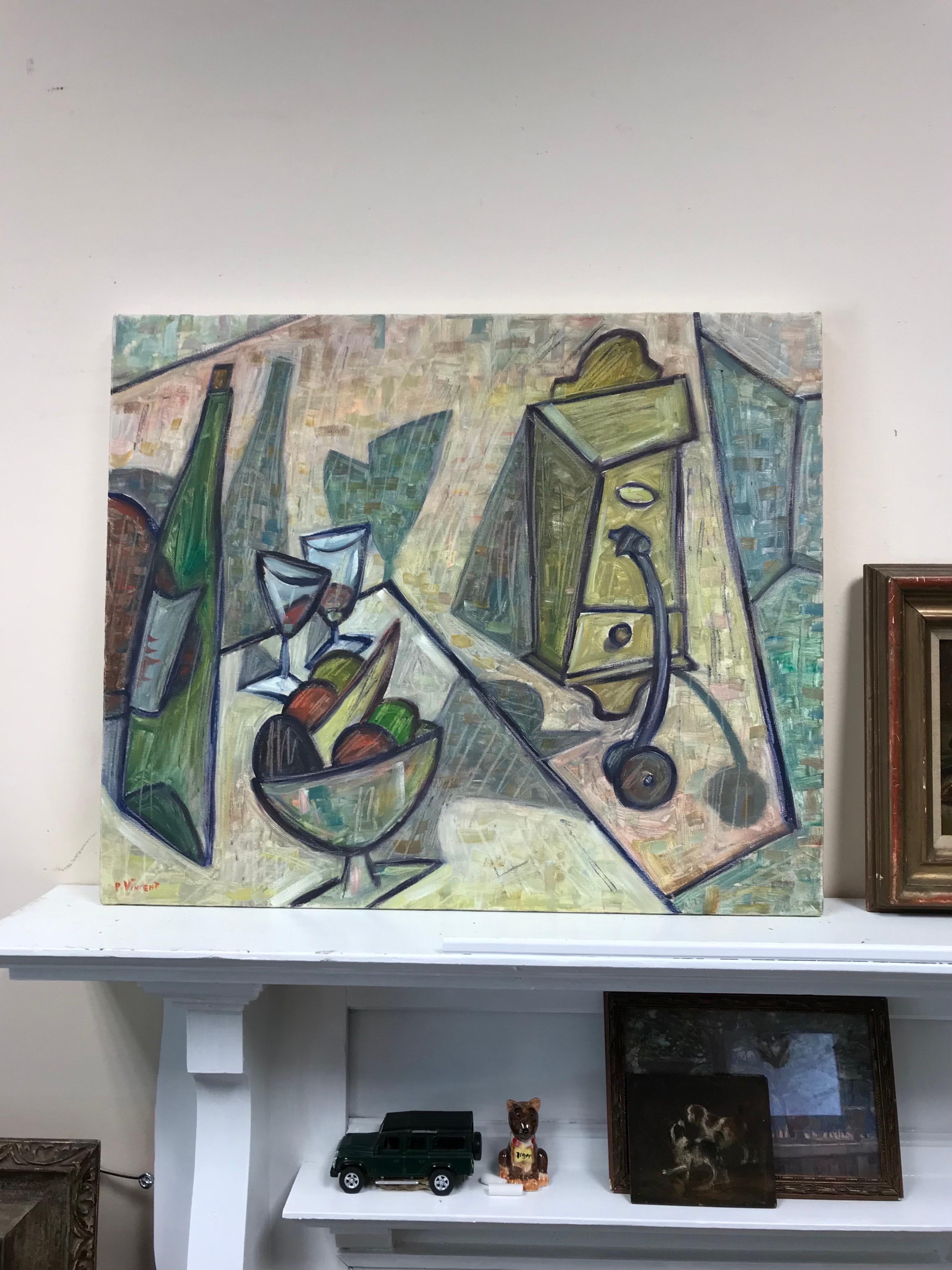 Superbe peinture à l'huile abstraite cubiste française Nature morte à la table de cuisine avec fruits - Painting de Pierre Vincent