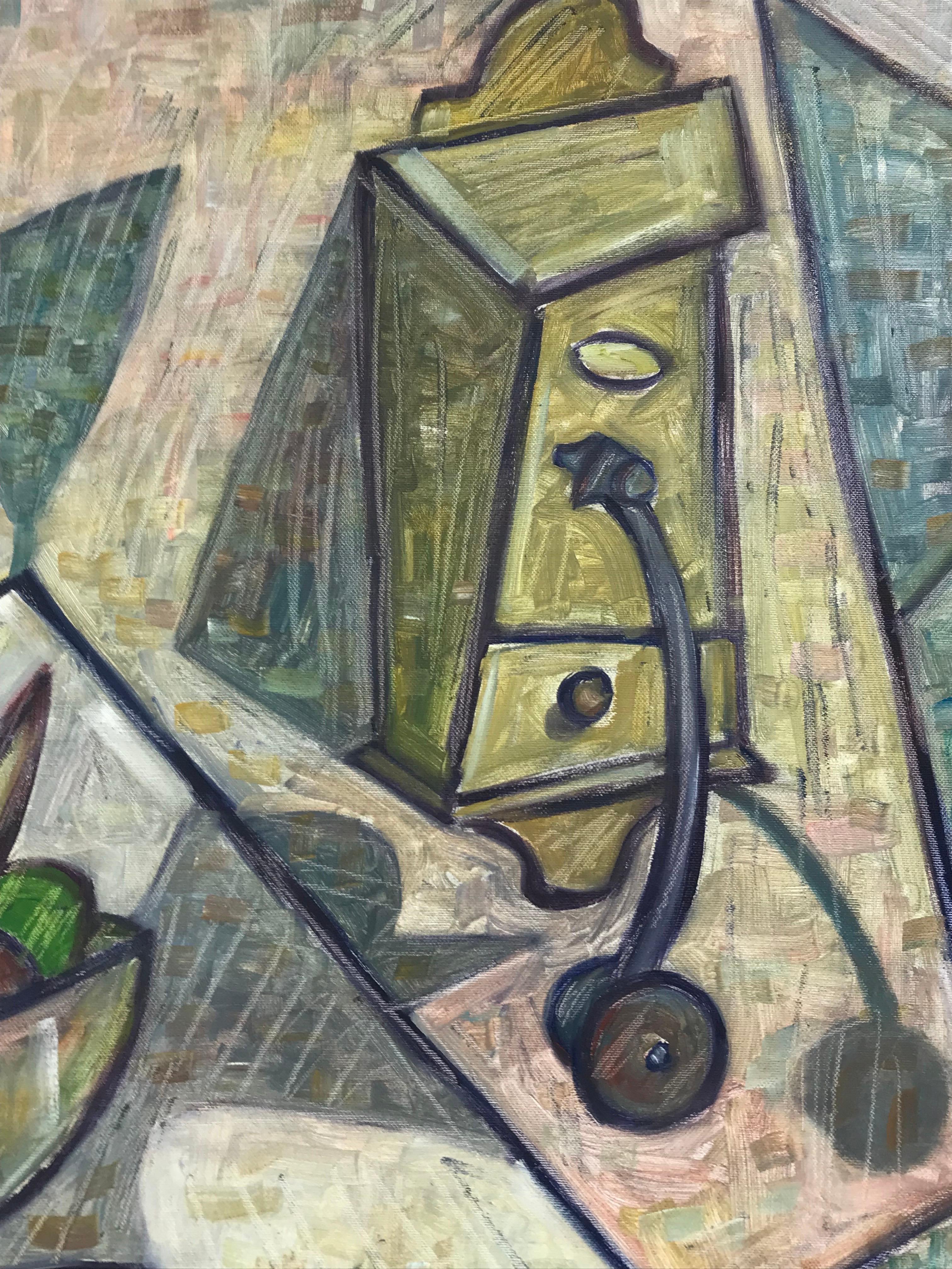 Superbe peinture à l'huile abstraite cubiste française Nature morte à la table de cuisine avec fruits - Cubisme Painting par Pierre Vincent