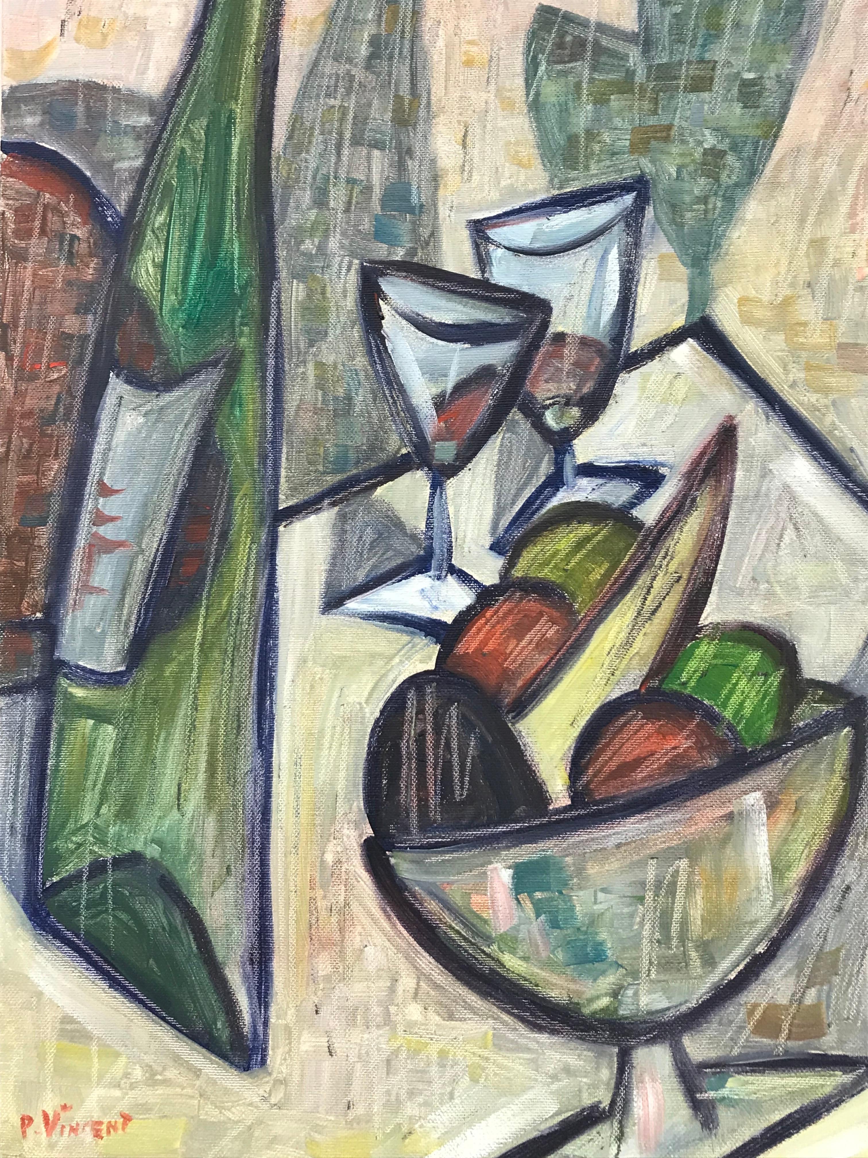 Superb French Cubist Abstract Oil Painting Kitchen Table Still Life with Fruit - Gray Abstract Painting by Pierre Vincent