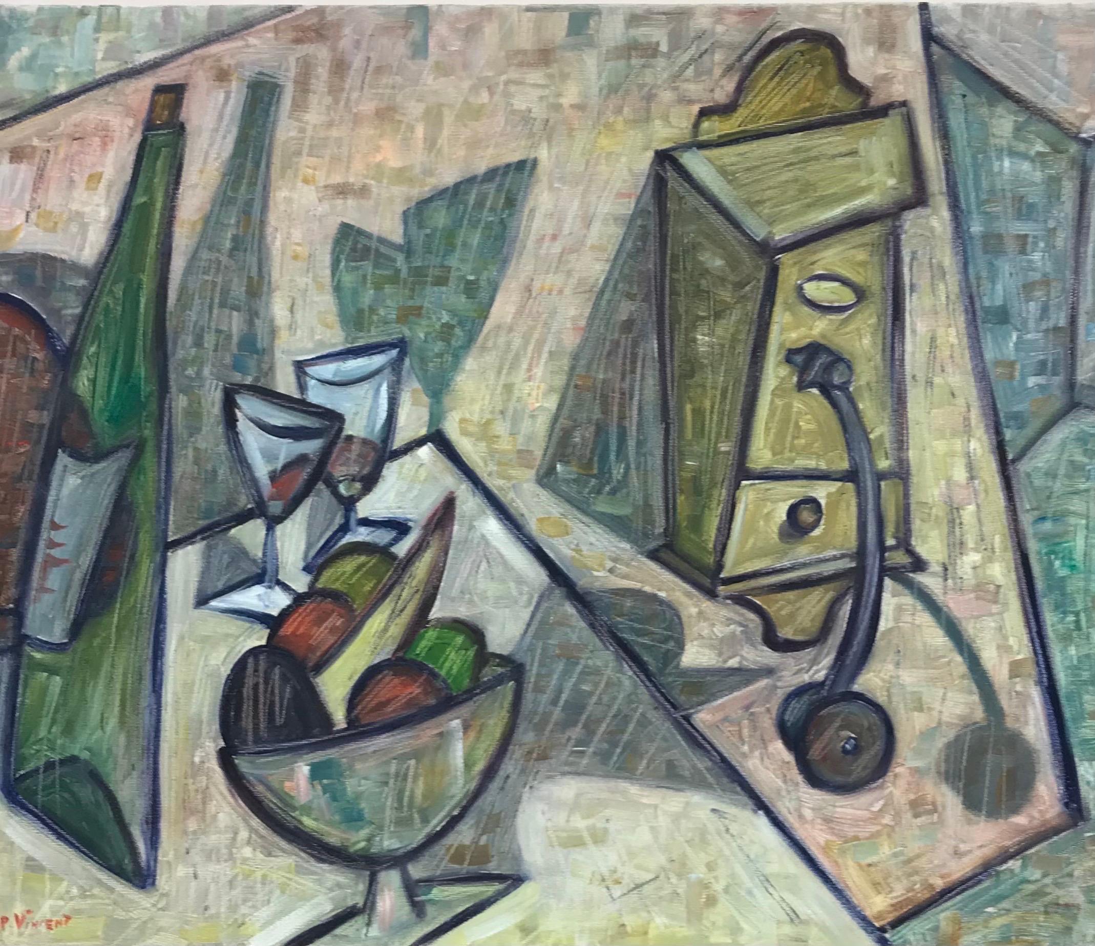 Pierre Vincent Abstract Painting - Superb French Cubist Abstract Oil Painting Kitchen Table Still Life with Fruit