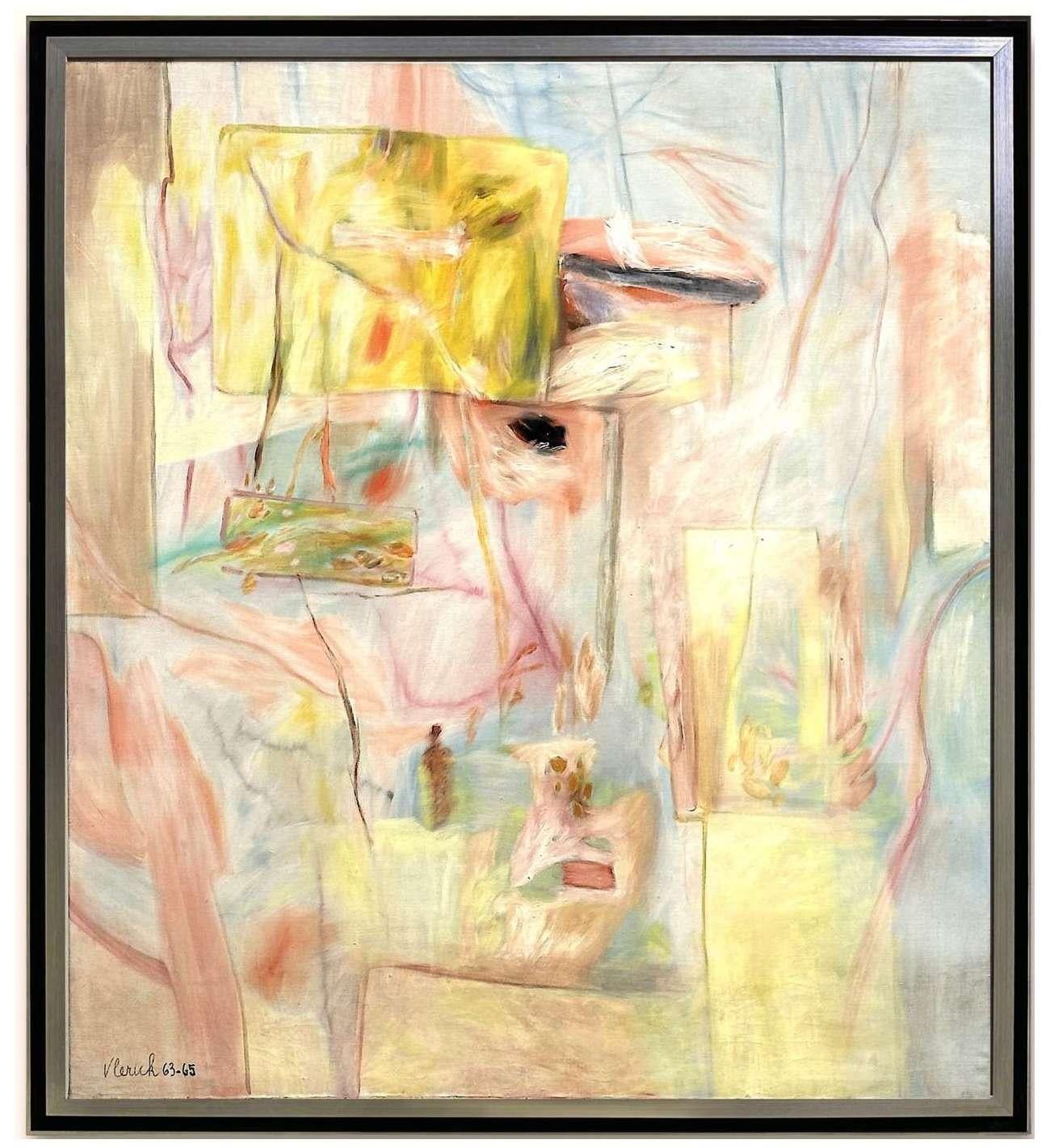 En su monumental obra *La Isla del Fénix* (1963-1965), Pierre Vlerick alcanza la cima de su periodo lírico-abstracto. El lienzo, que mide unos impresionantes 200 x 178 cm, resplandece con una luz difusa de tonos pastel y trazos ardientes. Su