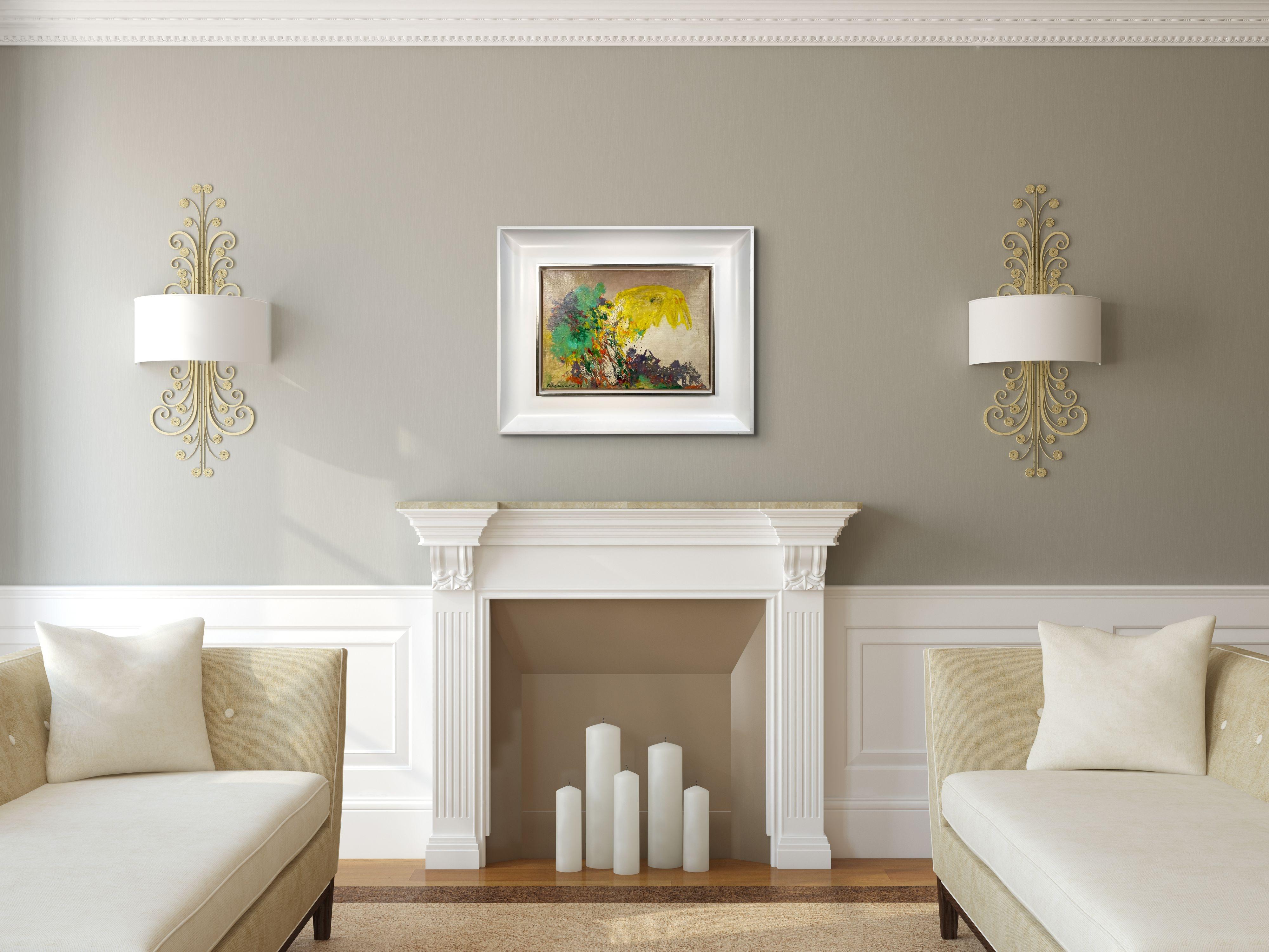 Avant la Fête or “Before the Party” is a superb and vibrant work by Wemaere who is a well recognized European abstractionist in the tradition of the CoBrA movement. The high quality white lacquer frame compliments the work in a contemporary way that