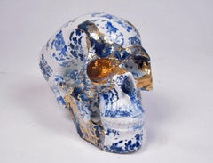 Blue and Gold Floral Skull - contemporary ceramic sculpture 