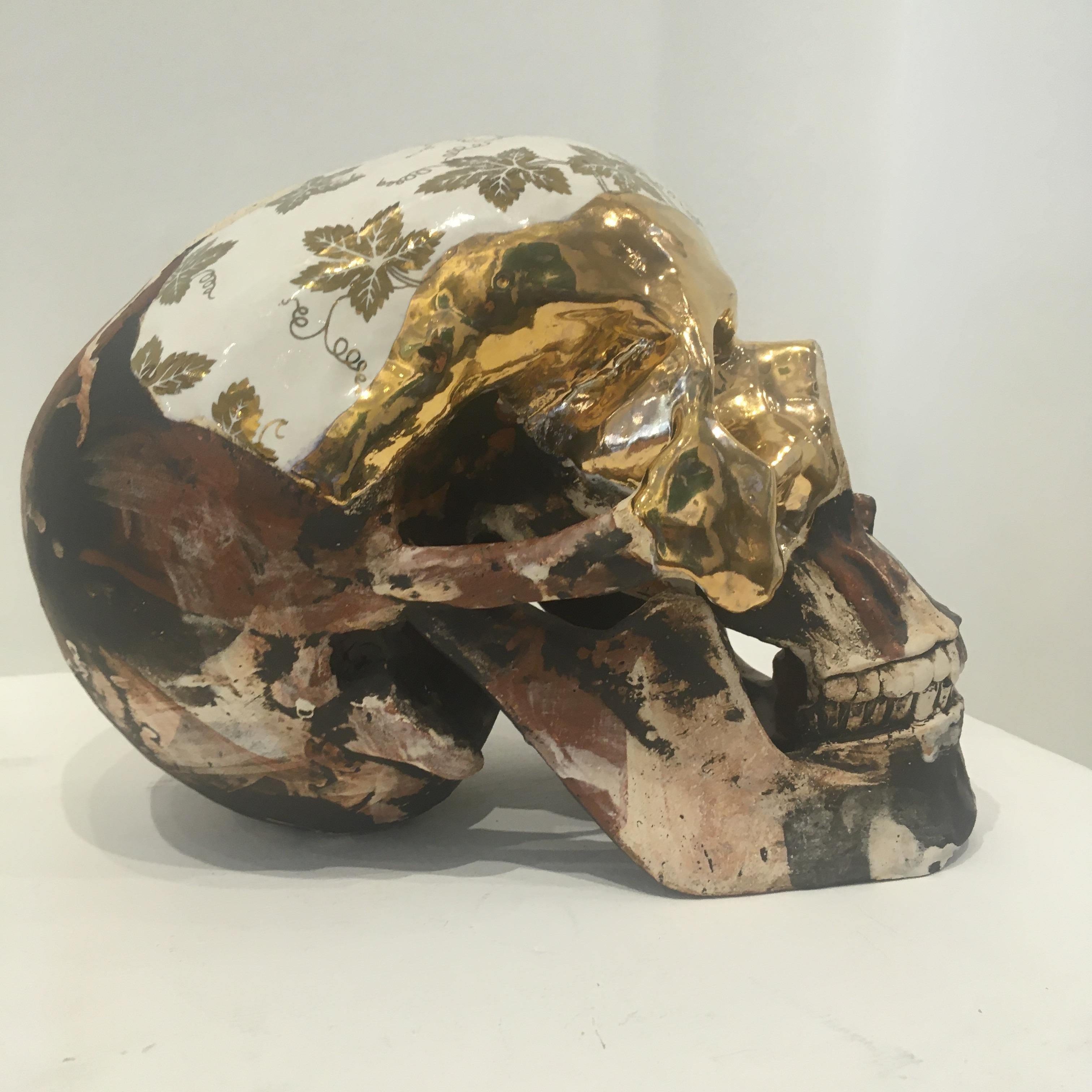 Pierre’s work is a contemporary reworking of traditional sculptural art, which includes the human figure, skulls and horses combined with architectural forms or thrown vessels. He also works in themed series within the main framework of what he