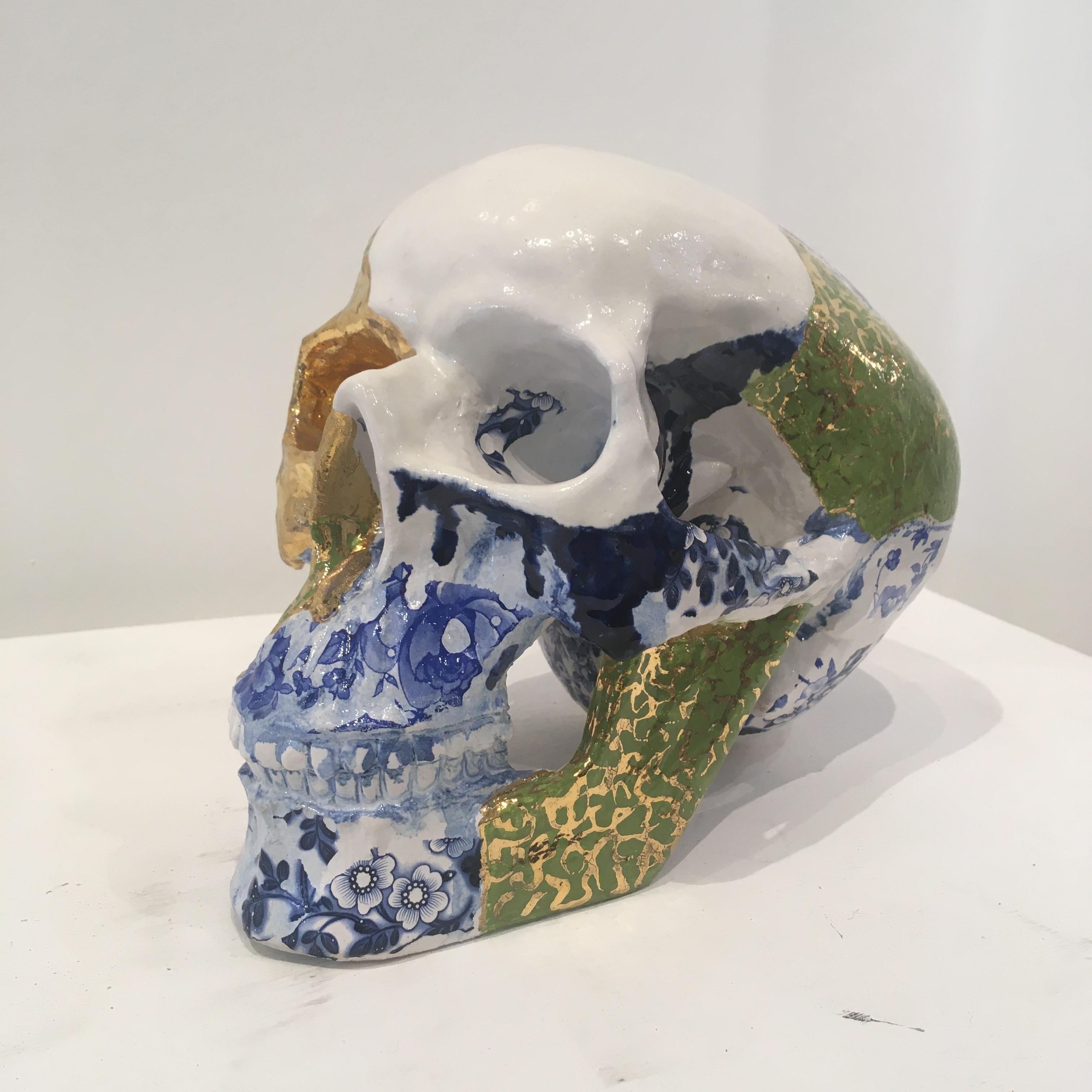 White Green and Blue Skull - contemporary ceramic sculpture - Contemporary Sculpture by Pierre Williams