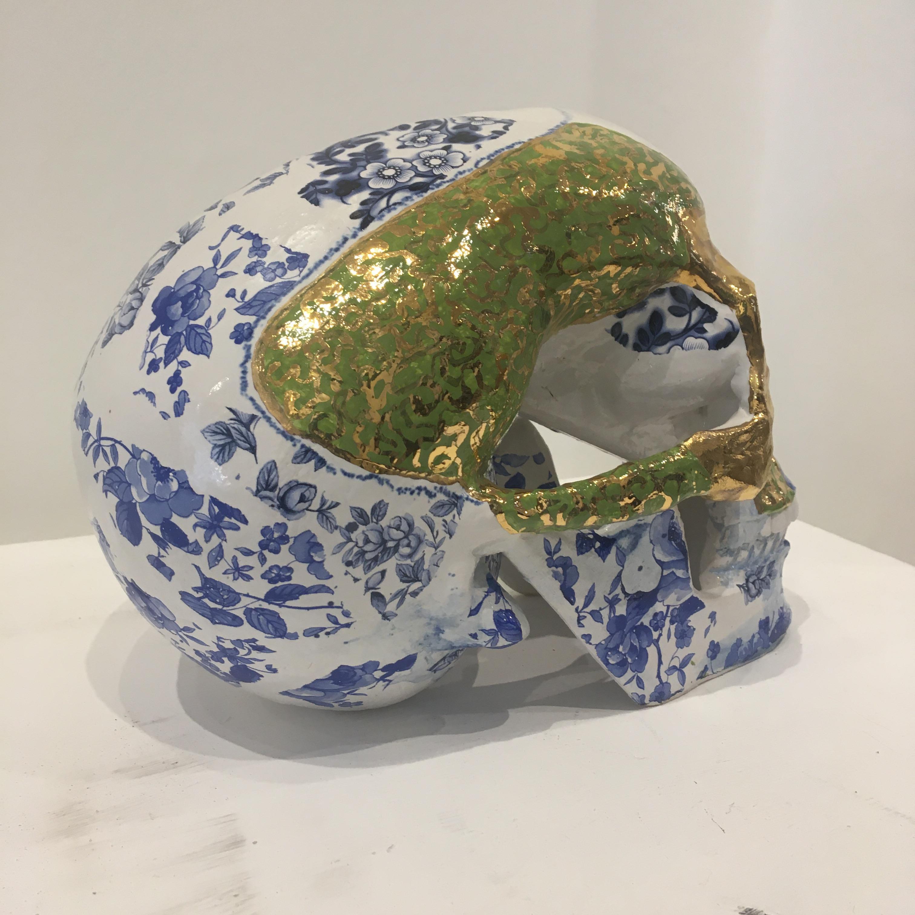 White Green and Blue Skull - contemporary ceramic sculpture 1