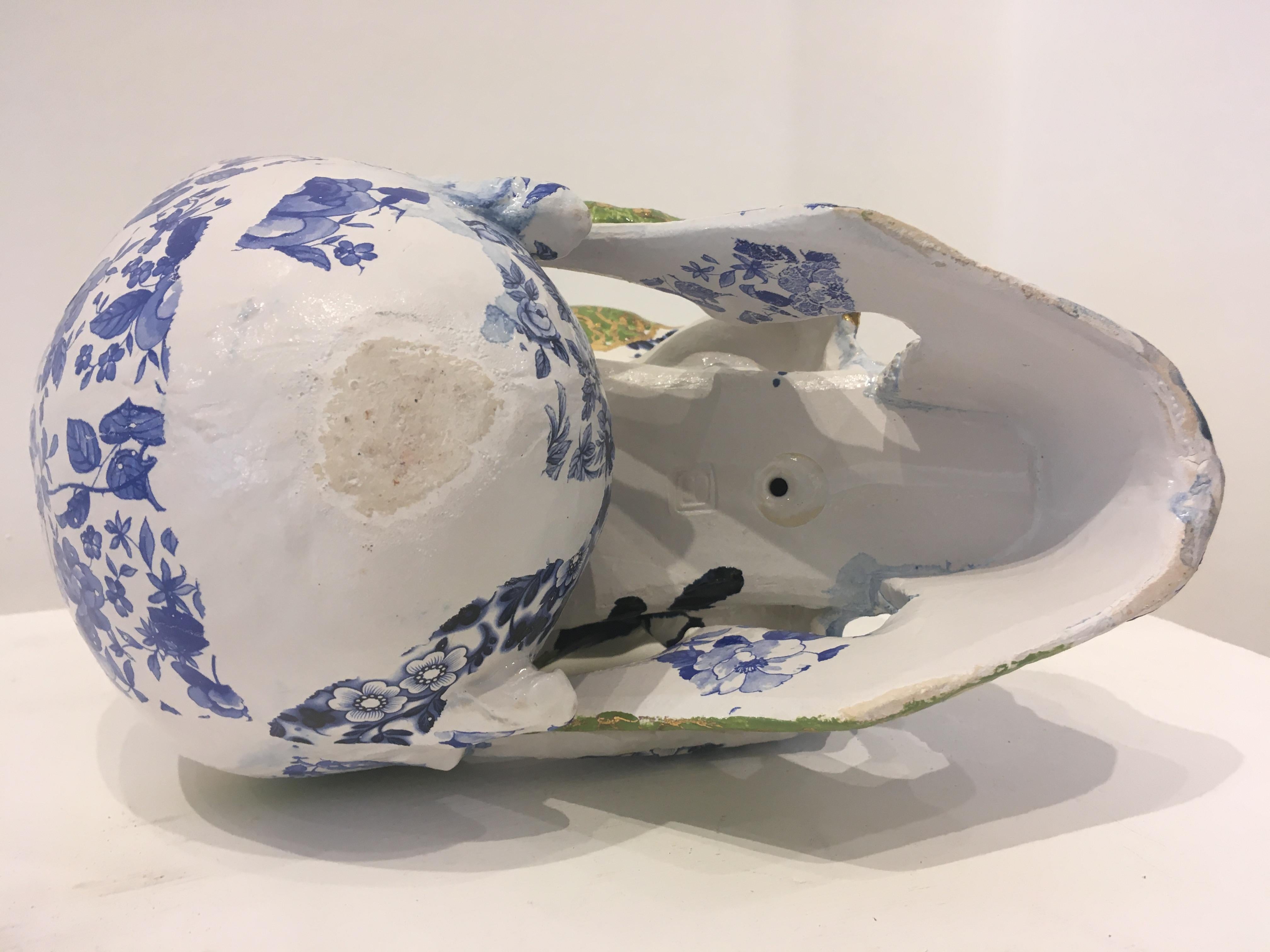 White Green and Blue Skull - contemporary ceramic sculpture 4