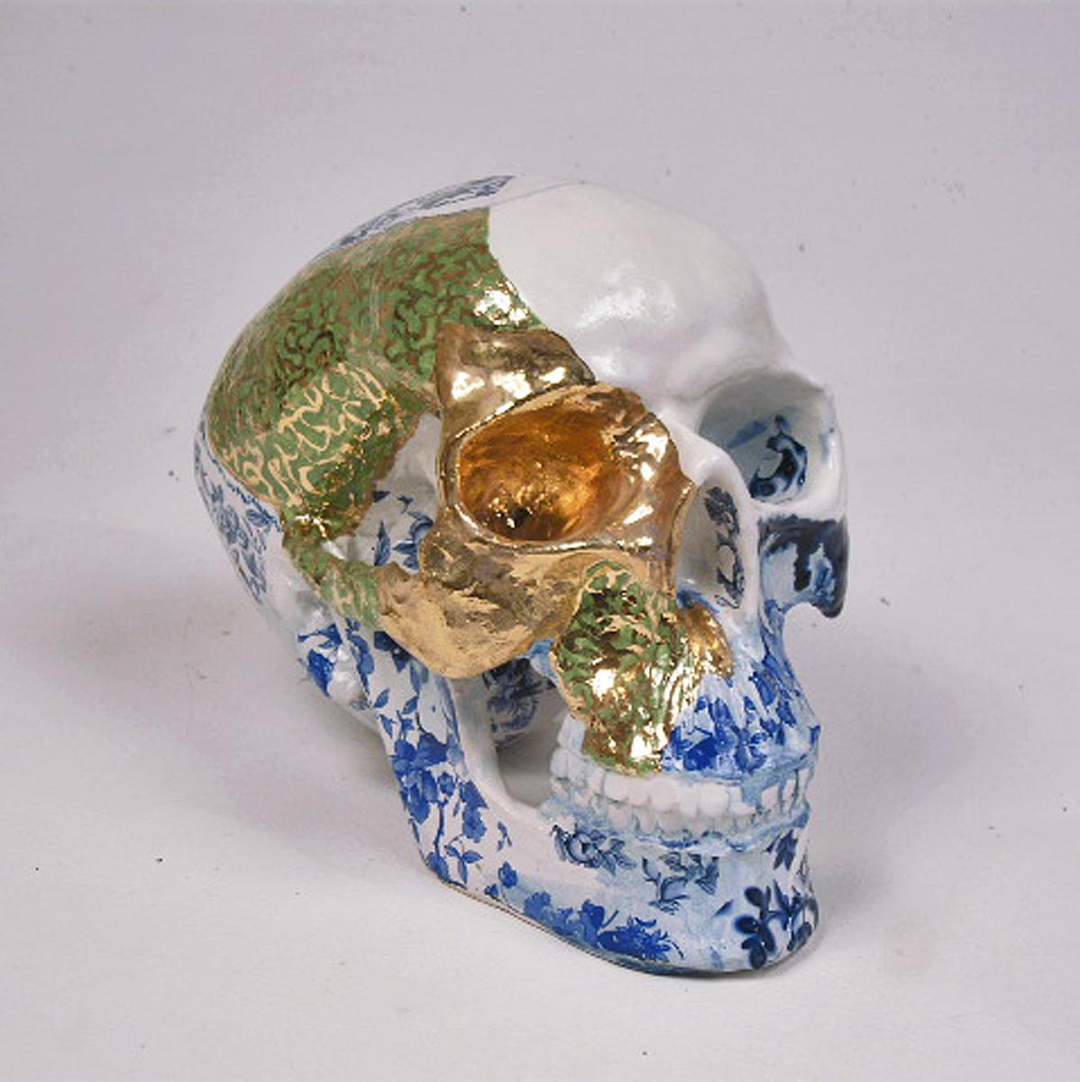 White Green and Blue Skull - contemporary ceramic sculpture - Sculpture by Pierre Williams