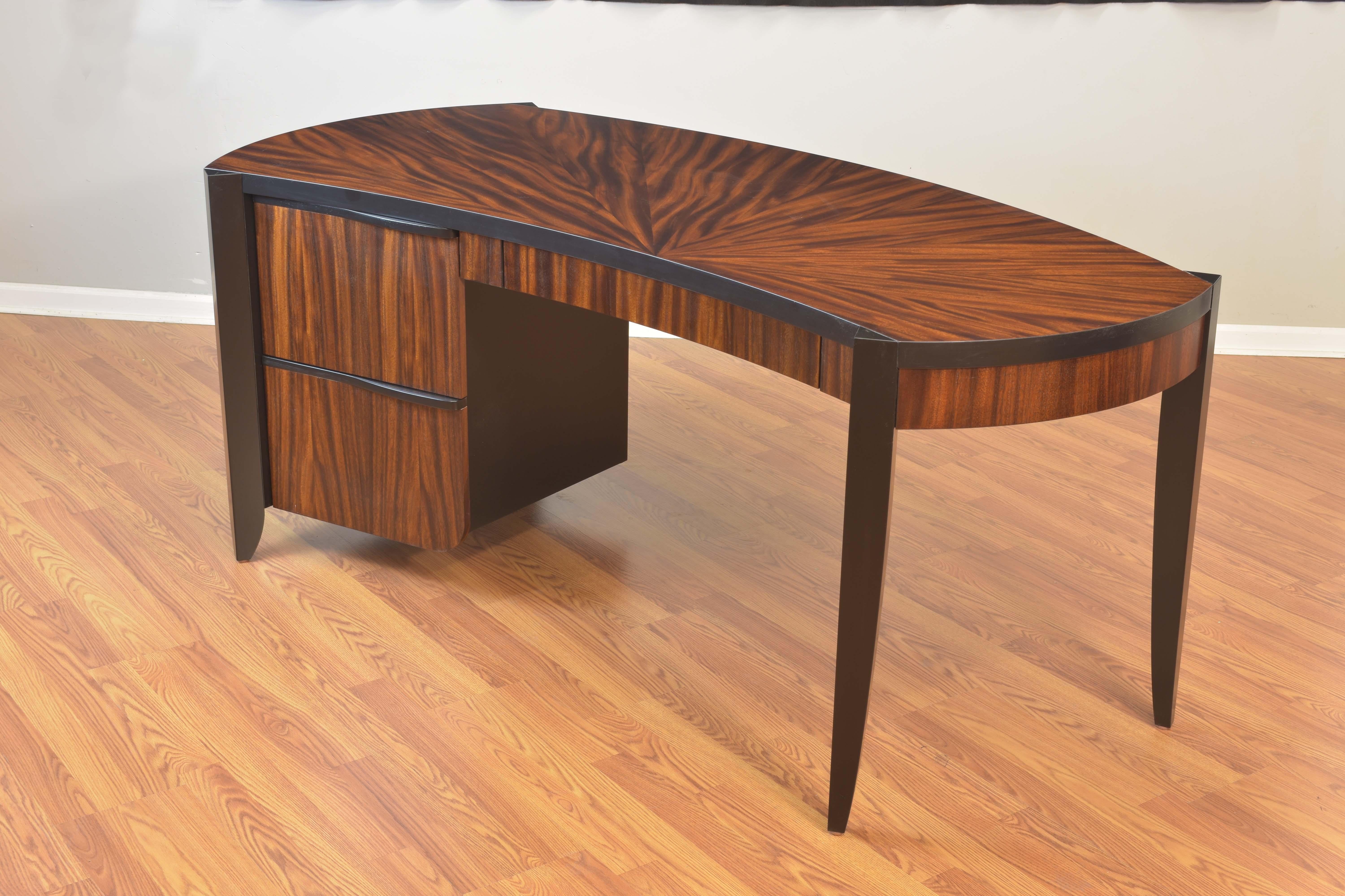 Modern Pierre Writing Desk, Monkey Pod Natural Wood Veneer with Black Detailing For Sale