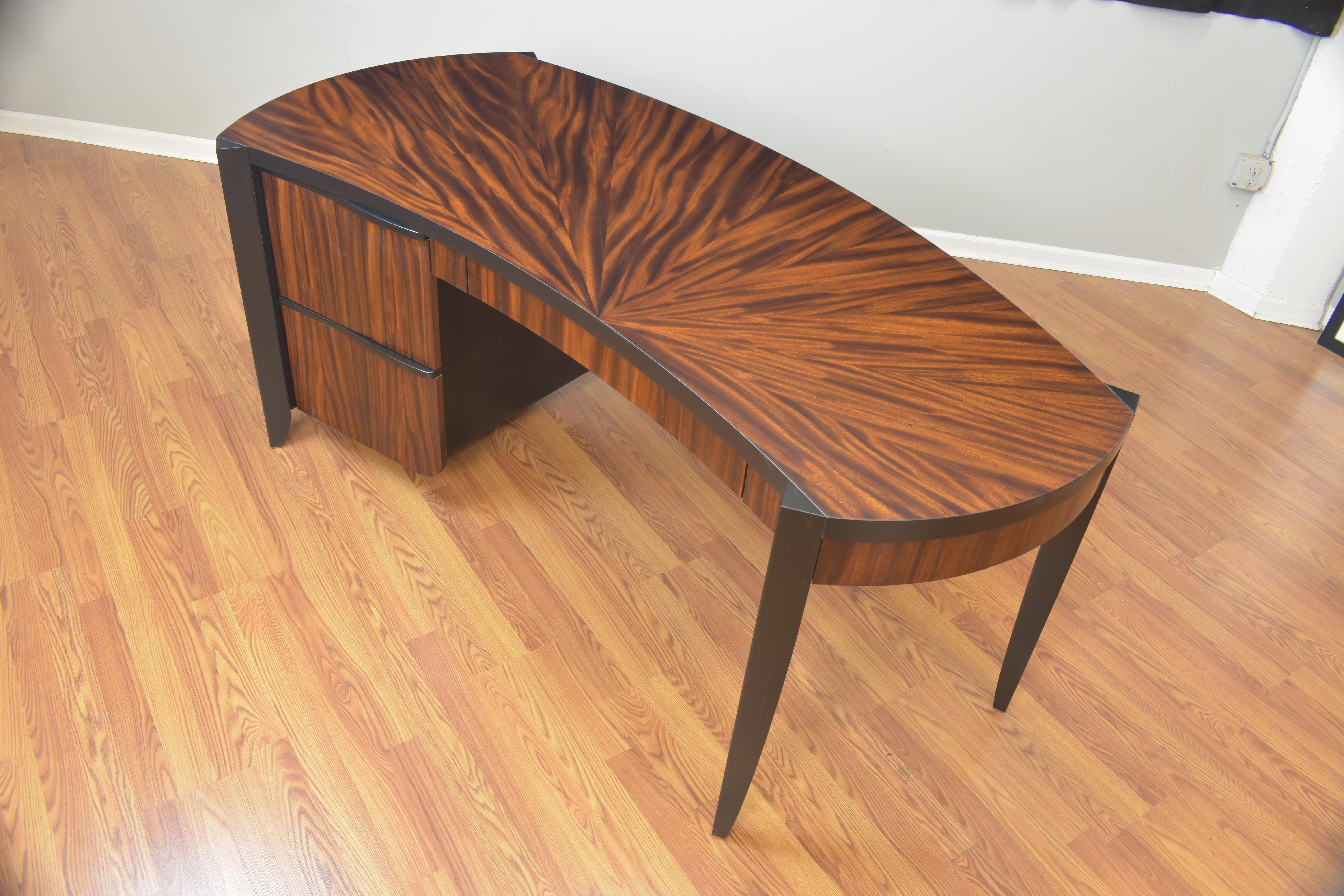 American Pierre Writing Desk, Monkey Pod Natural Wood Veneer with Black Detailing For Sale