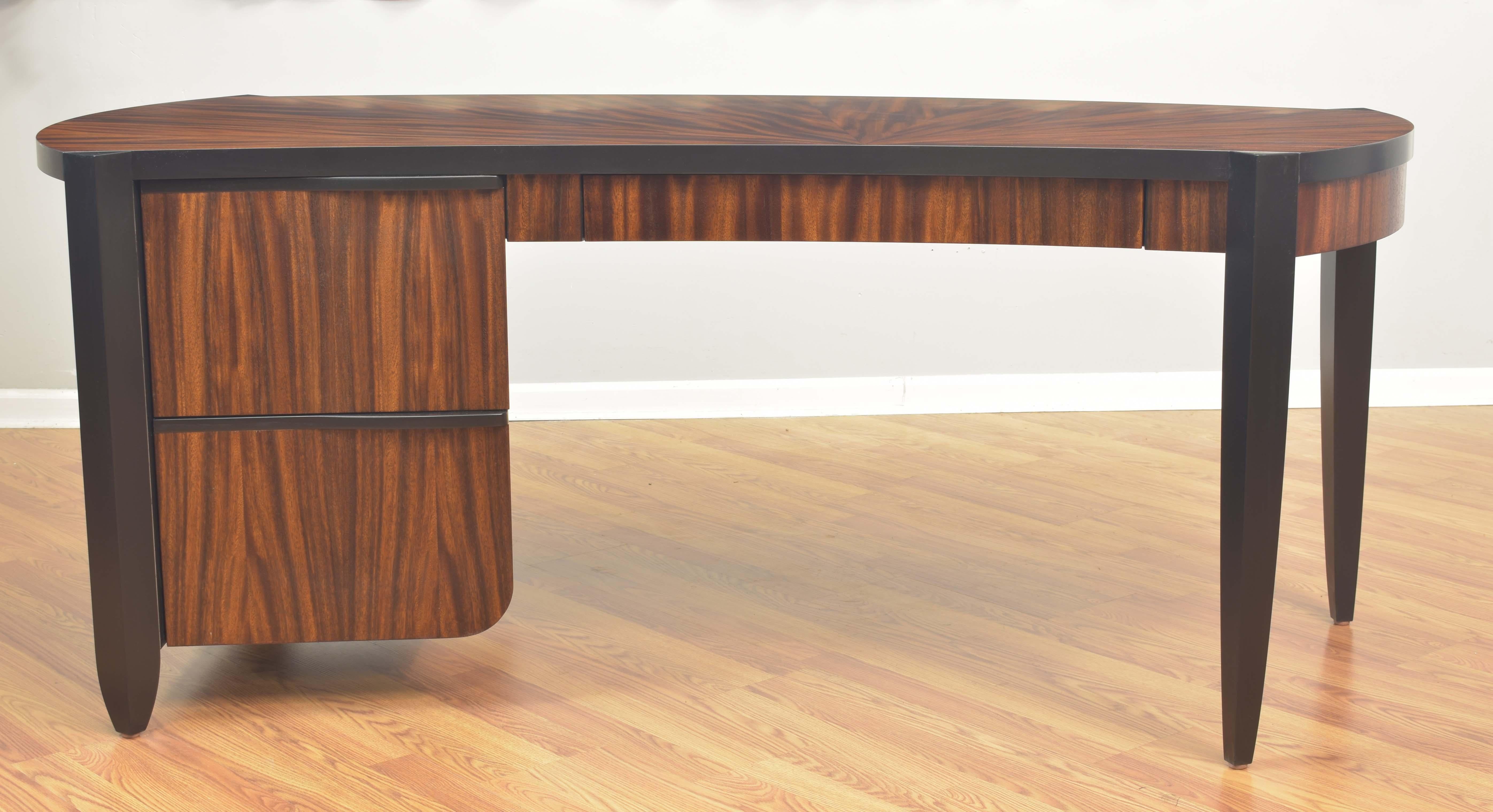 Pierre Writing Desk, Monkey Pod Natural Wood Veneer with Black Detailing In New Condition For Sale In Chicago, IL