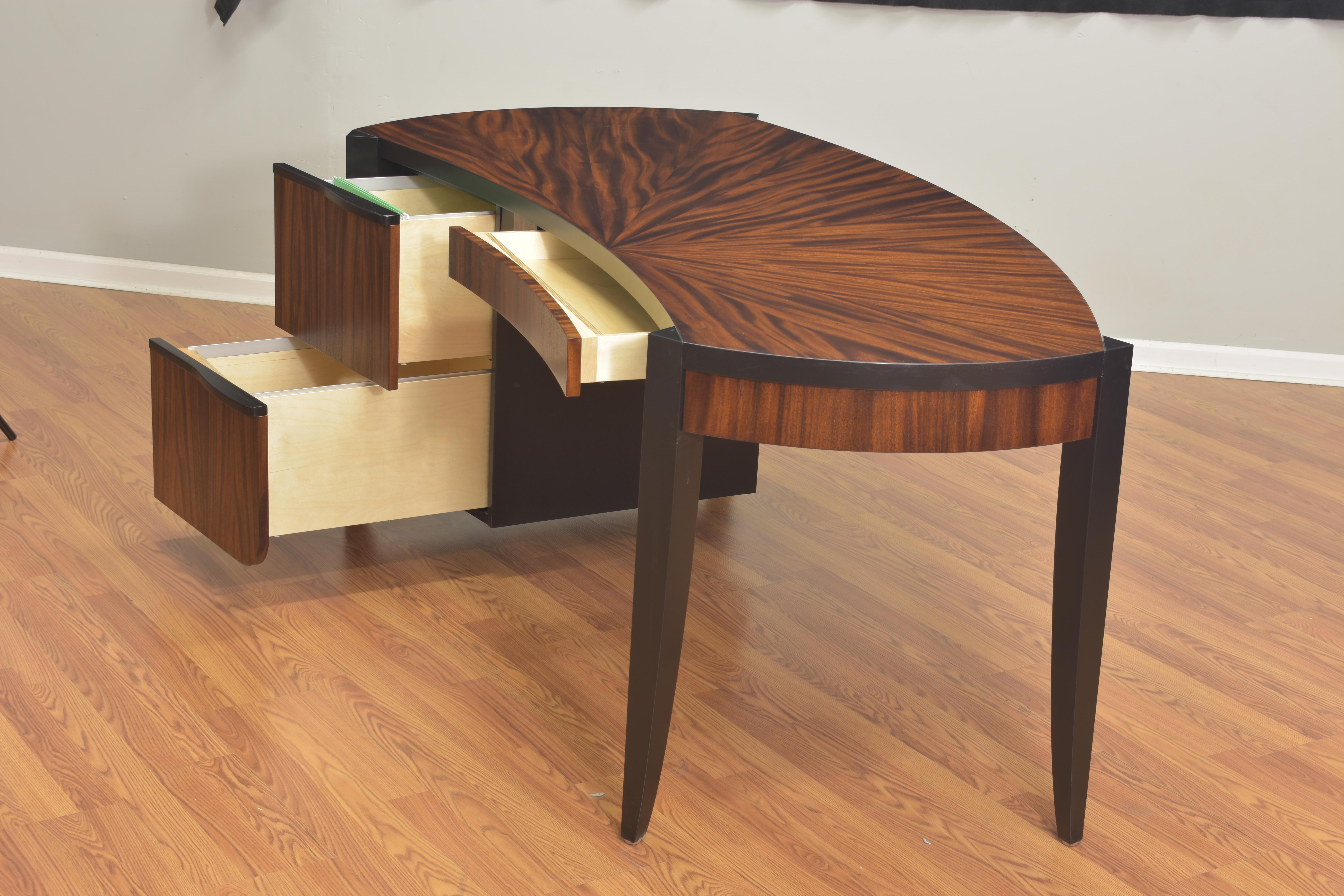 Contemporary Pierre Writing Desk, Monkey Pod Natural Wood Veneer with Black Detailing For Sale