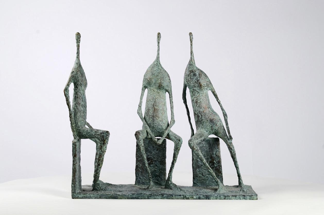 3 Seated Figures I is a bronze sculpture by French contemporary artist Pierre Yermia, dimensions are 42 × 49 × 16 cm (16.5 × 19.3 × 6.3 in). 
The sculpture is signed and numbered, it is part of a limited edition of 8 editions + 4 artist’s proofs,