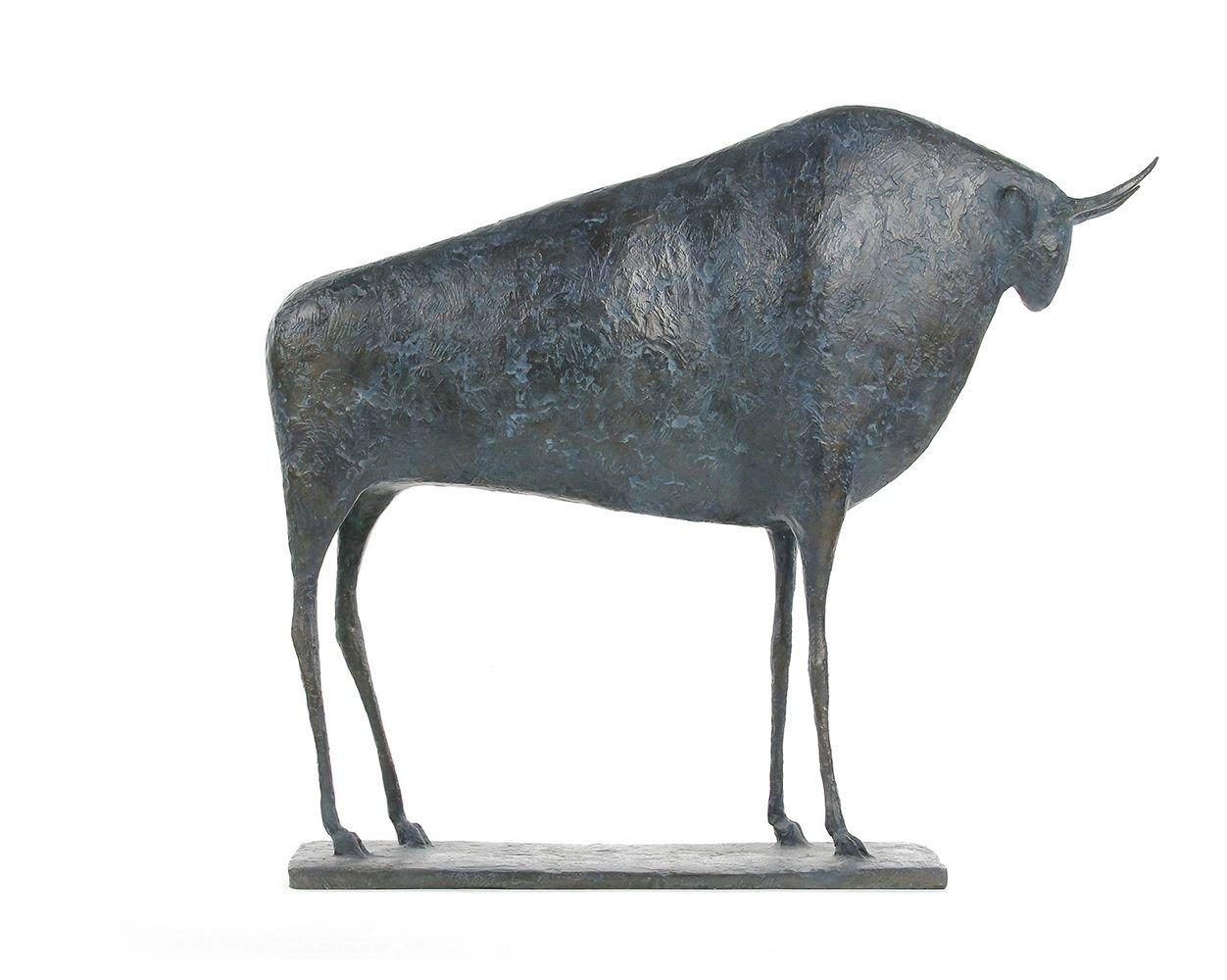 Bull VI (Taureau VI) by French contemporary artist Pierre Yermia. Bronze sculpture, 54 × 47 × 15 cm.
Signed and numbered. Limited edition of 8 copies and 4 artist's proofs.
"The bull is the only masculine animal in my bestiary. His silent and serene