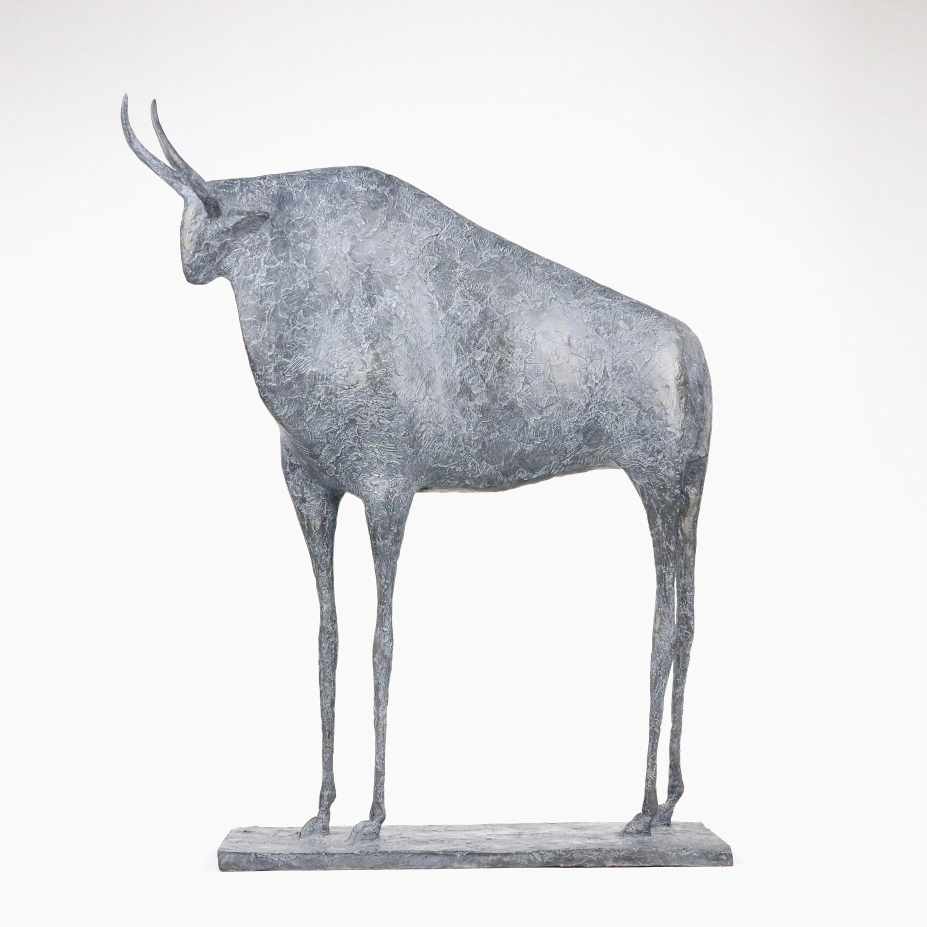 Bull VII (Taureau VII) is a sculpture by French contemporary artist Pierre Yermia.
"The bull is the only masculine animal in my bestiary. His silent and serene presence imposes itself by his massive torso, supported by long legs which emphasize the