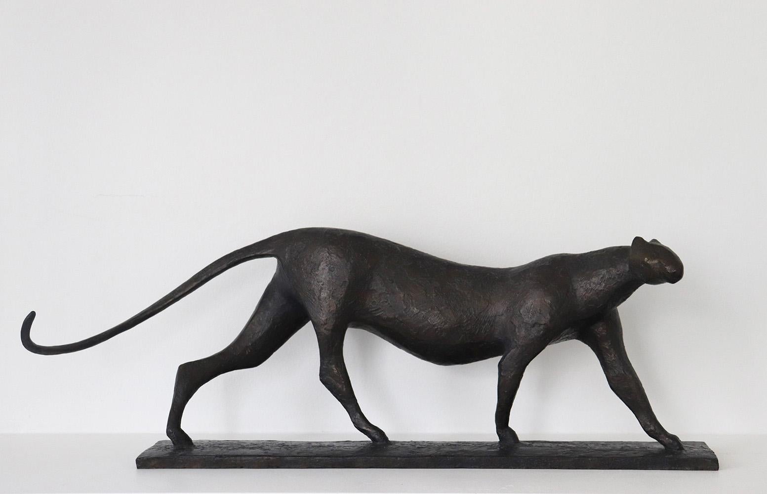 Feline VI est une sculpture en bronze de l'artiste contemporain français Pierre Yermia qui représente un félin en marche (un léopard, un jaguar ou un guépard). La patine sombre aux nuances bleues souligne l'élégance mystérieuse de son profil. 
29 cm
