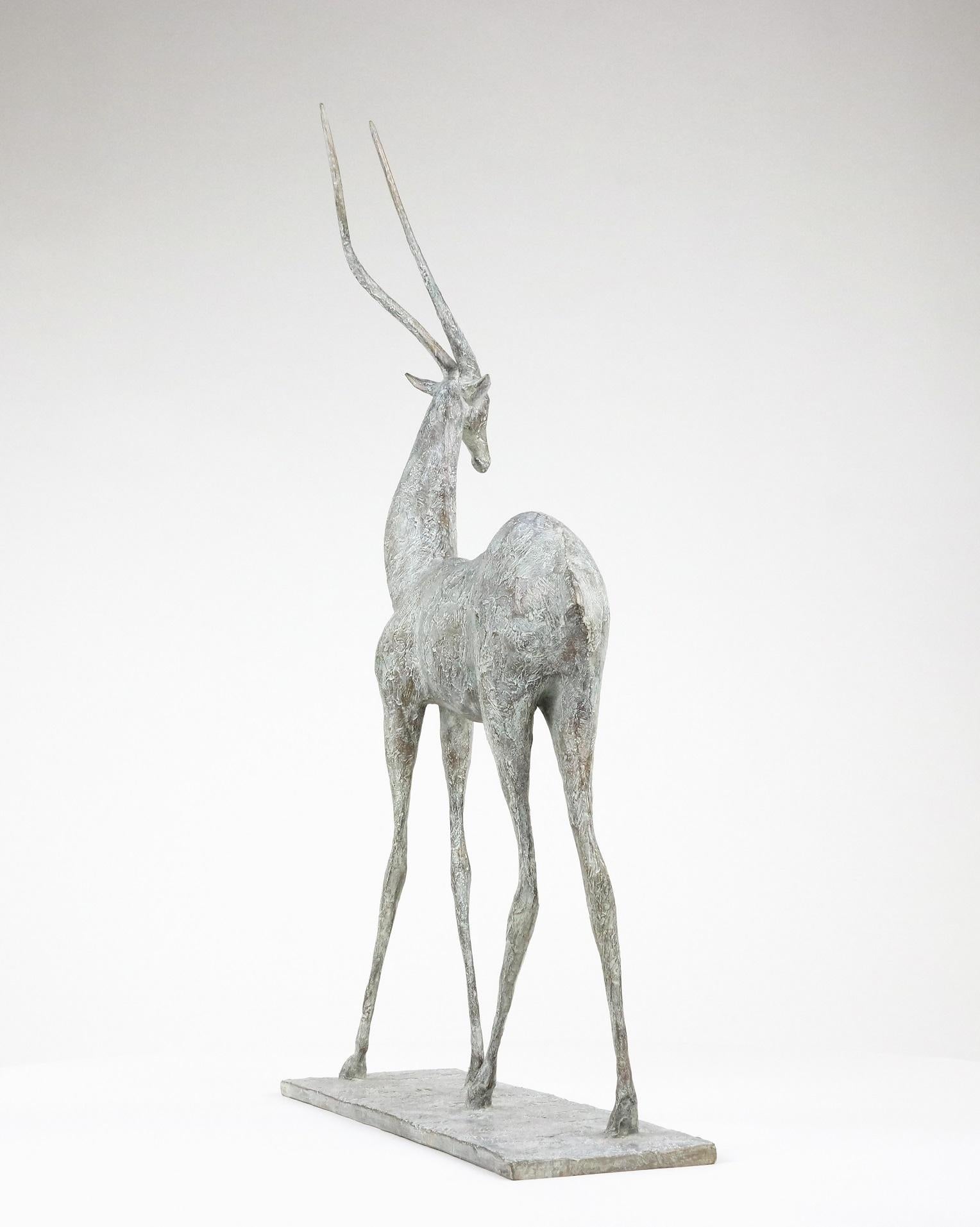 Gazelle I, by French contemporary artist Pierre Yermia.
Bronze, 70 cm × 40 cm × 20 cm.  Limited edition of 8 + 4 artist’s proofs, each signed and numbered.
This bronze sculpture represents a gazelle, a slim and elegant animal which is sometimes