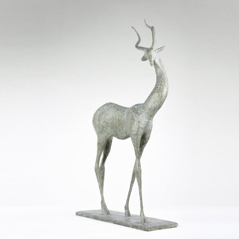 Bronze sculpture by French contemporary artist Pierre Yermia. 70 cm × 40 cm × 15 cm, signed and numbered, limited edition of 8 + 4 artist’s proofs.
This bronze sculpture represents a gazelle, a slim and elegant animal which is sometimes associated