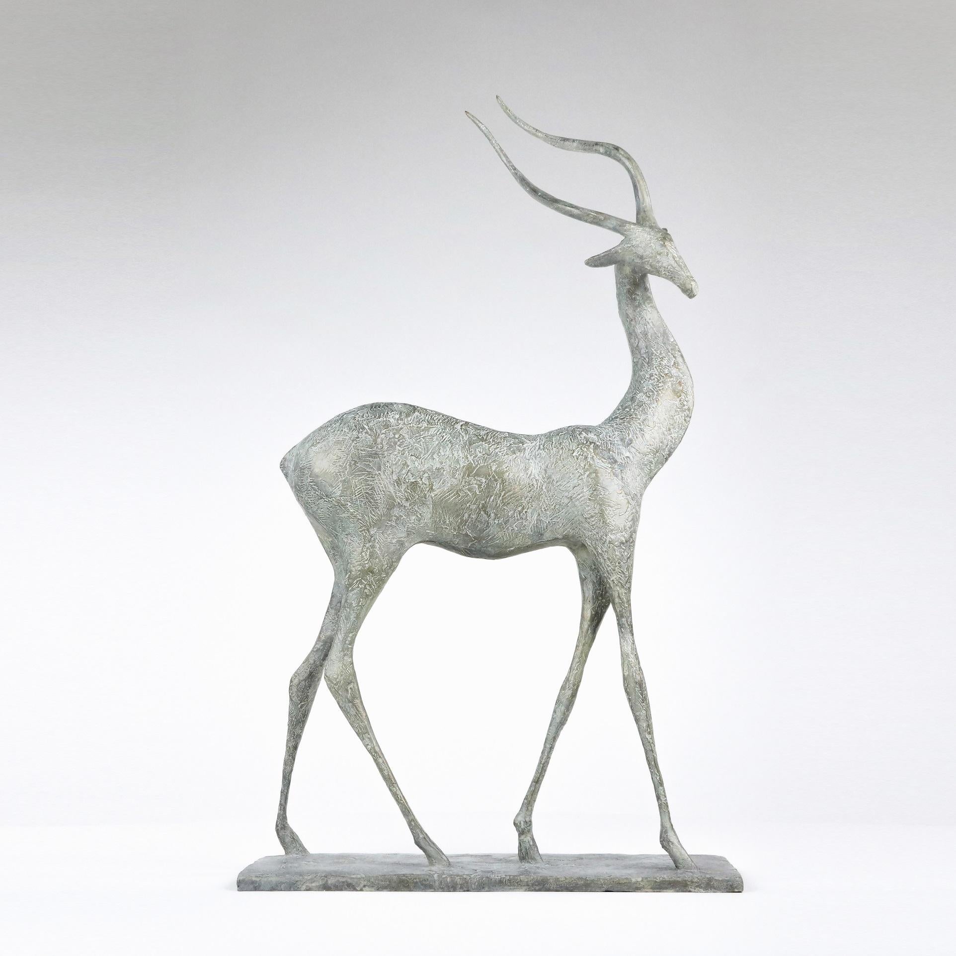 Bronze sculpture by French contemporary artist Pierre Yermia. 70 cm × 40 cm × 15 cm, signed and numbered, limited edition of 8 + 4 artist’s proofs.

This bronze sculpture represents a gazelle, a slim and elegant animal which is sometimes associated