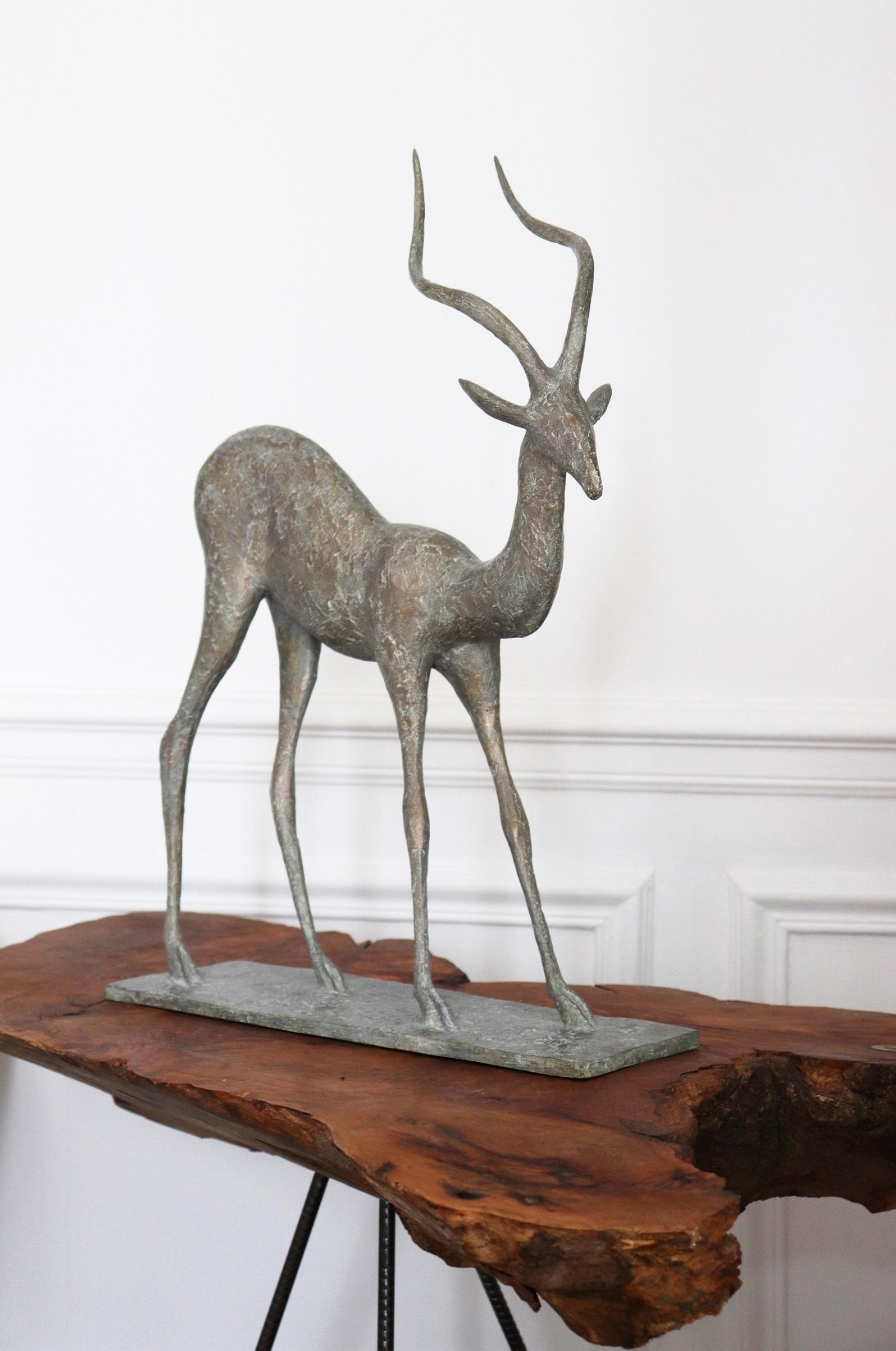 Gazelle III by Pierre Yermia - Animal bronze sculpture, figurative, grey colour For Sale 1