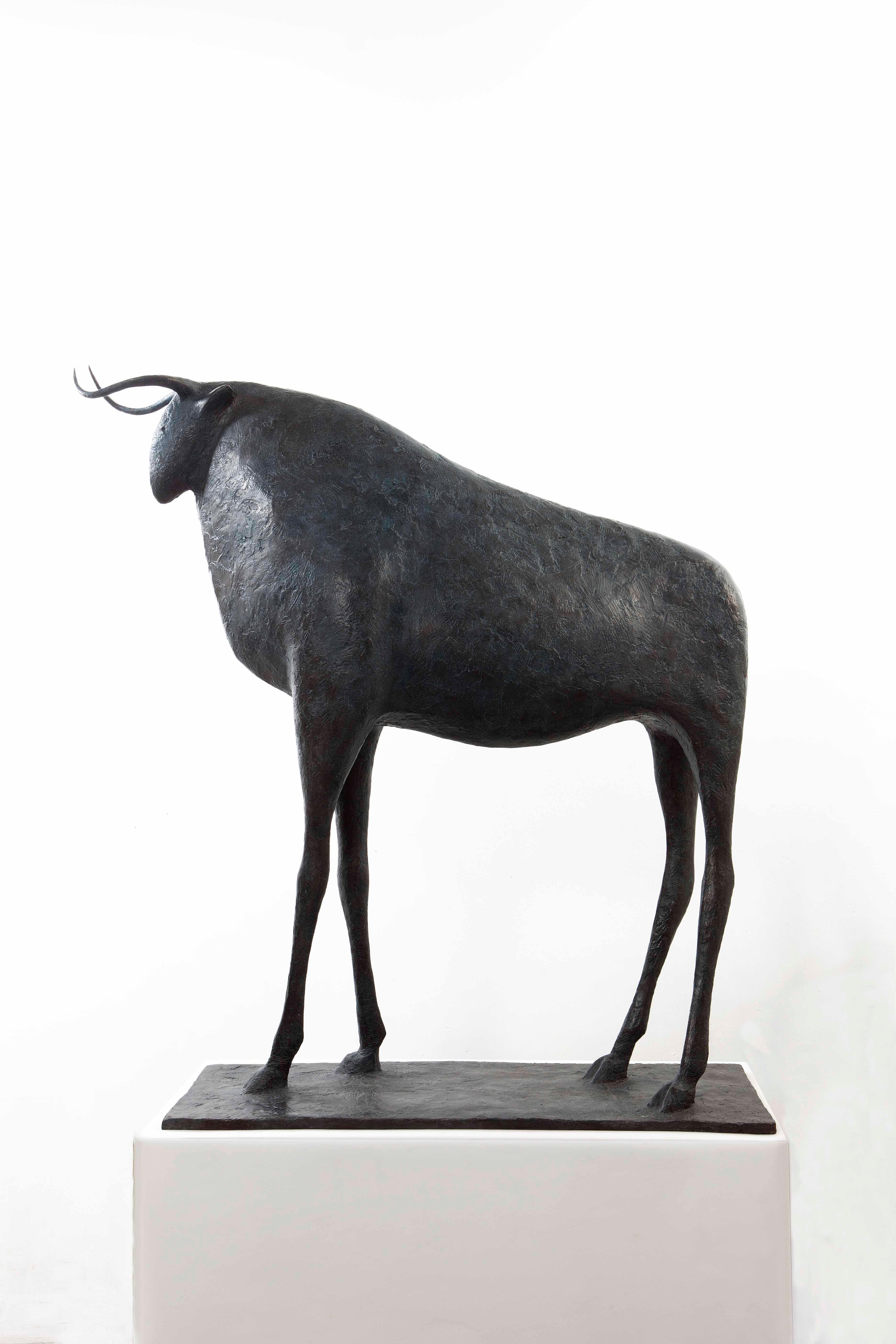 Large Bull, bronze sculpture by French contemporary artist Pierre Yermia.
120 cm × 100 cm × 34 cm. Limited-edition of 8 copies and 4 artist's proofs, each signed and numbered.
"The bull is the only masculine animal in my bestiary" says the artist,