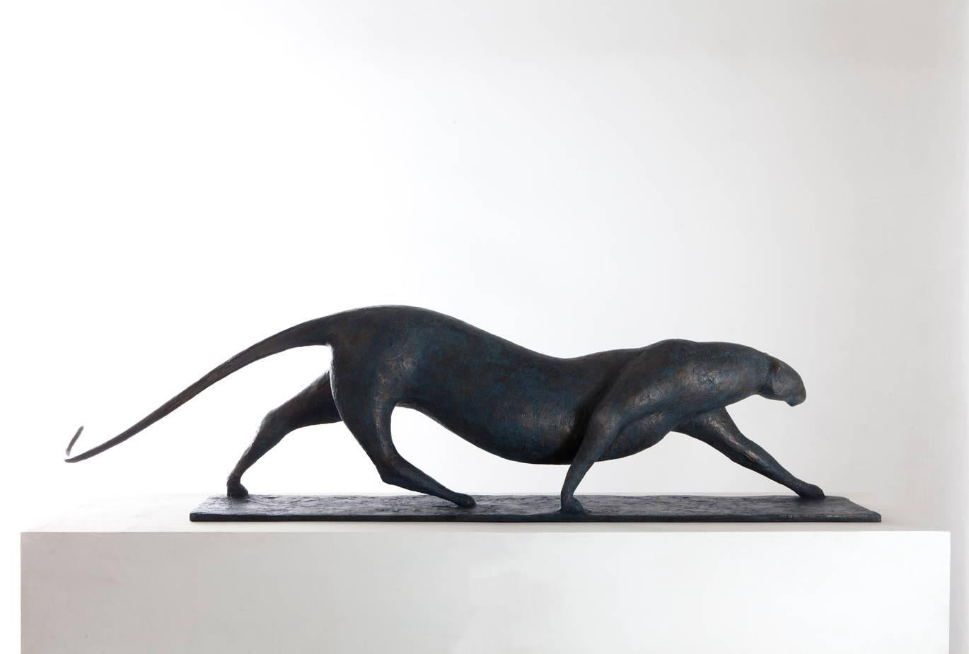 Large Feline is a bronze sculpture by French contemporary artist Pierre Yermia, dimensions are 24 × 175 × 47 cm (9.4 × 68.9 × 18.5 in). 
The sculpture is signed and numbered, it is part of a limited edition of 8 editions + 4 artist’s proofs, and