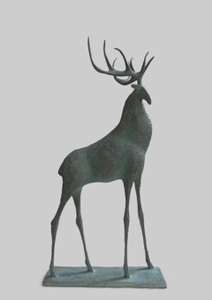 Stag V by Pierre Yermia - Contemporary animal sculpture, elegant, slender, grey