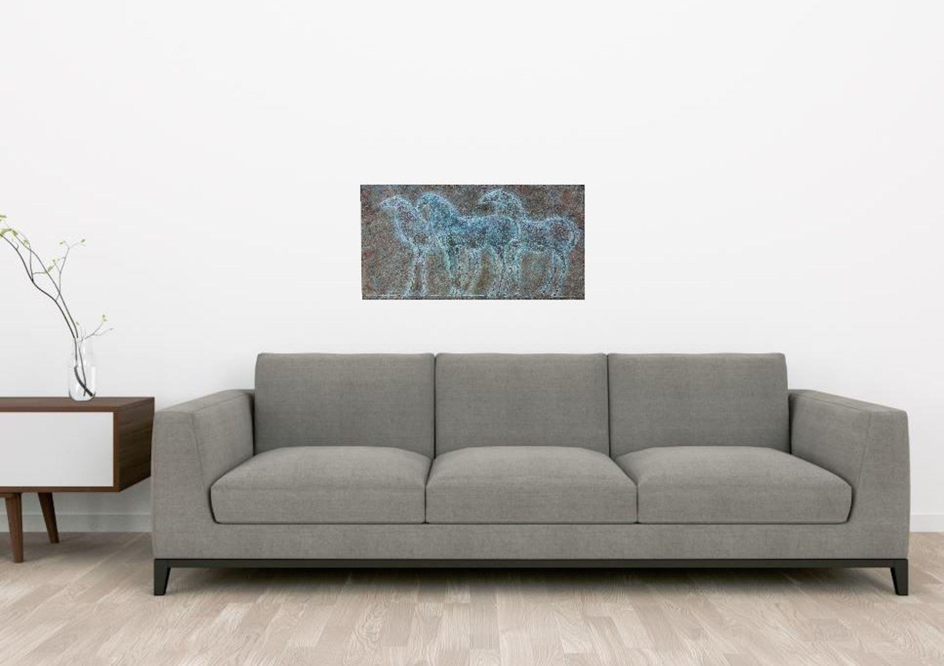 Tre cavalli di Pierre Yermia - Scultura animale, bassorilievo in bronzo, patina blu in vendita 1