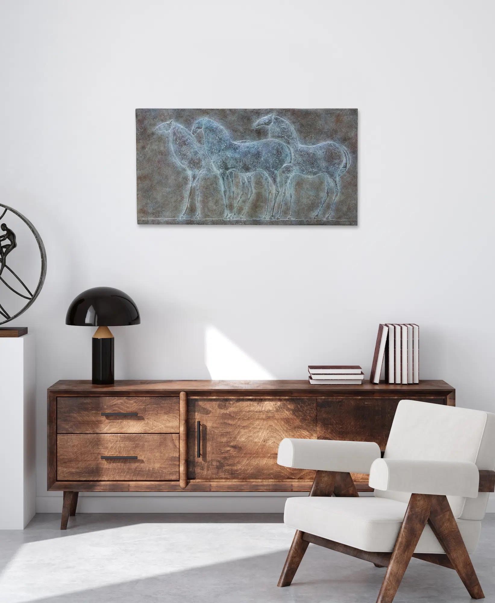 Trois chevaux par Pierre Yermia - Sculpture animalière, bas-relief en bronze, patine bleue en vente 1