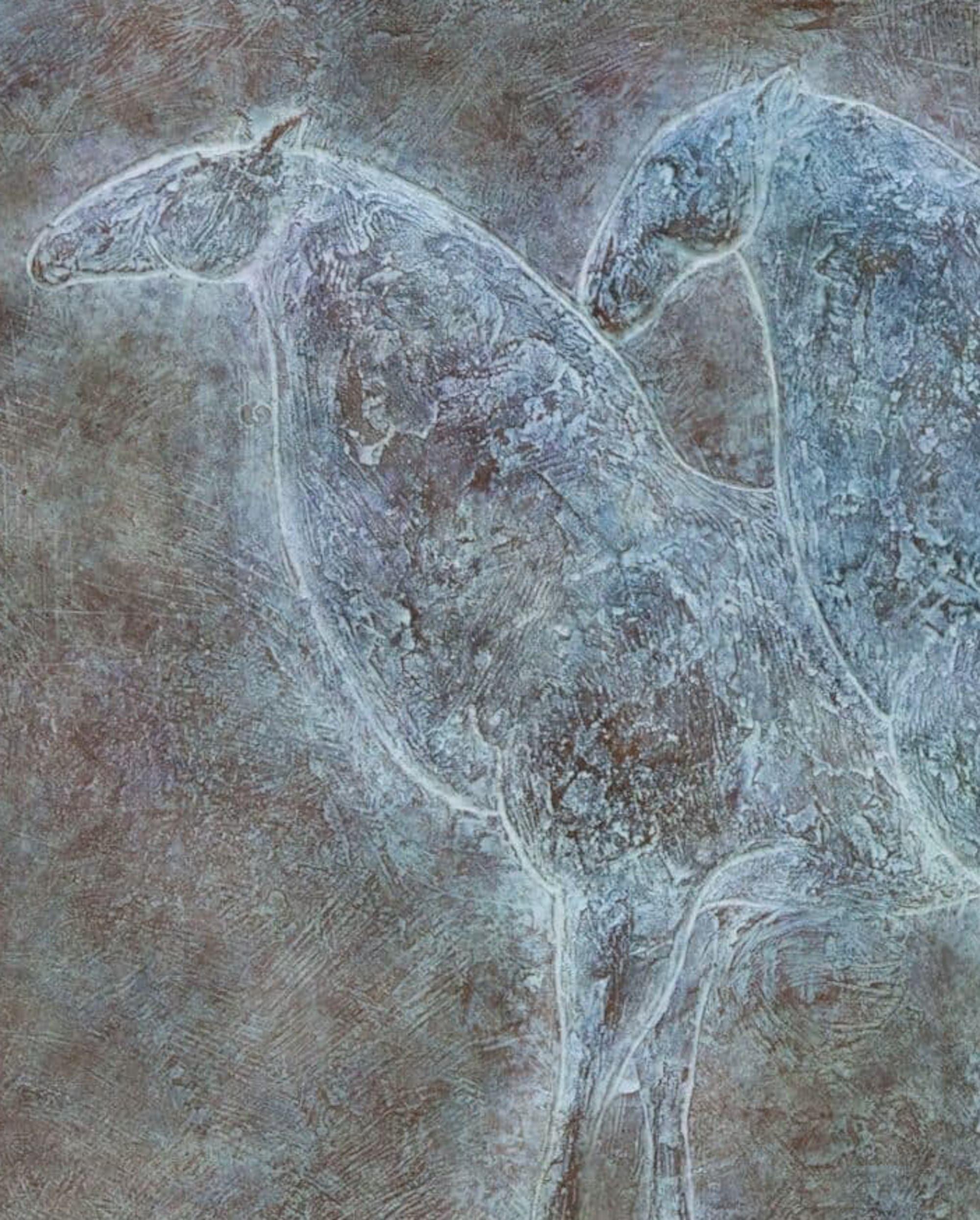 Trois chevaux par Pierre Yermia - Sculpture animalière, bas-relief en bronze, patine bleue en vente 4