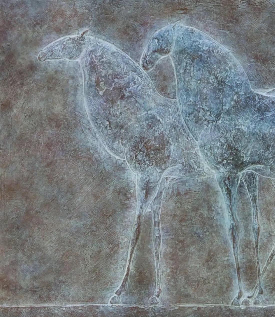 Trois chevaux par Pierre Yermia - Sculpture animalière, bas-relief en bronze, patine bleue en vente 7