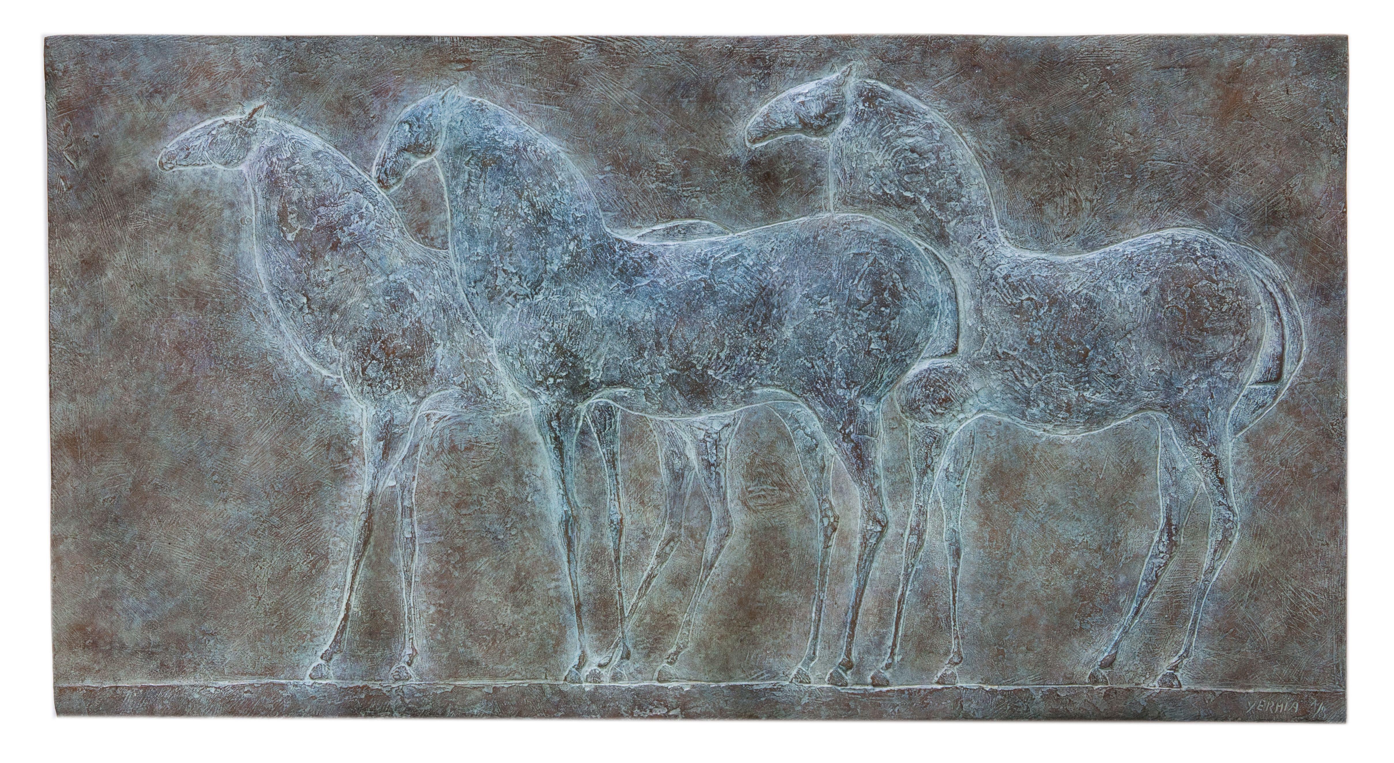 Three Horses is a bronze bas-relief sculpture by French contemporary artist Pierre Yermia, dimensions are 42 × 81 × 2 cm (16.5 × 31.9 × 0.8 in). 
The sculpture is signed and numbered, it is part of a limited edition of 8 editions + 4 artist’s