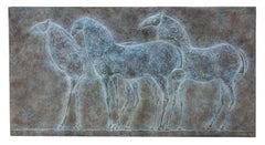 Drei Pferde von Pierre Yermia - Tierplastik, Flachrelief aus Bronze, blau patiniert