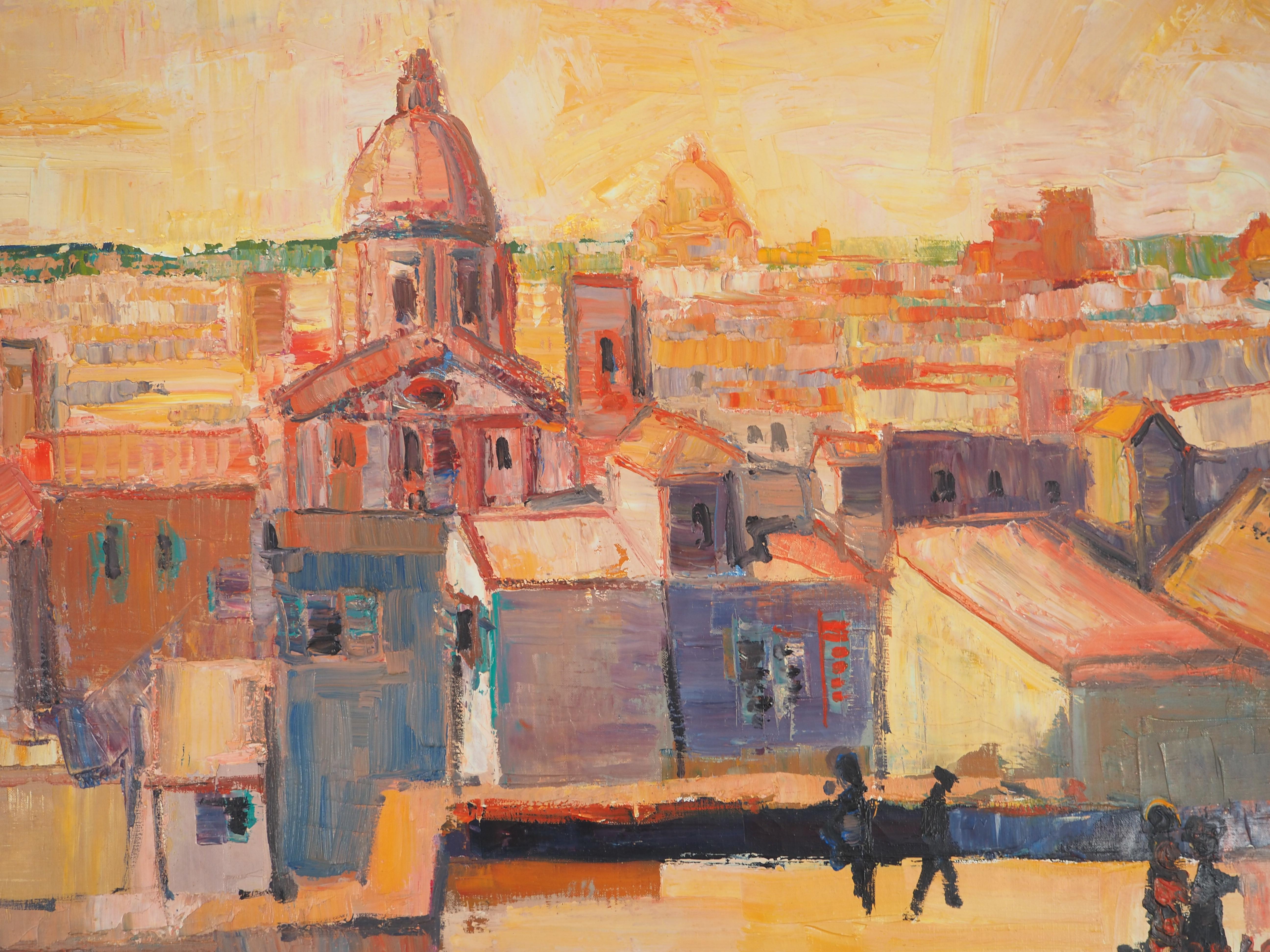 Italy : View on Rome at the Sunset - Original Oil on Canvas, Handsigned - Surrealist Painting by Pierre Yves LELARGE