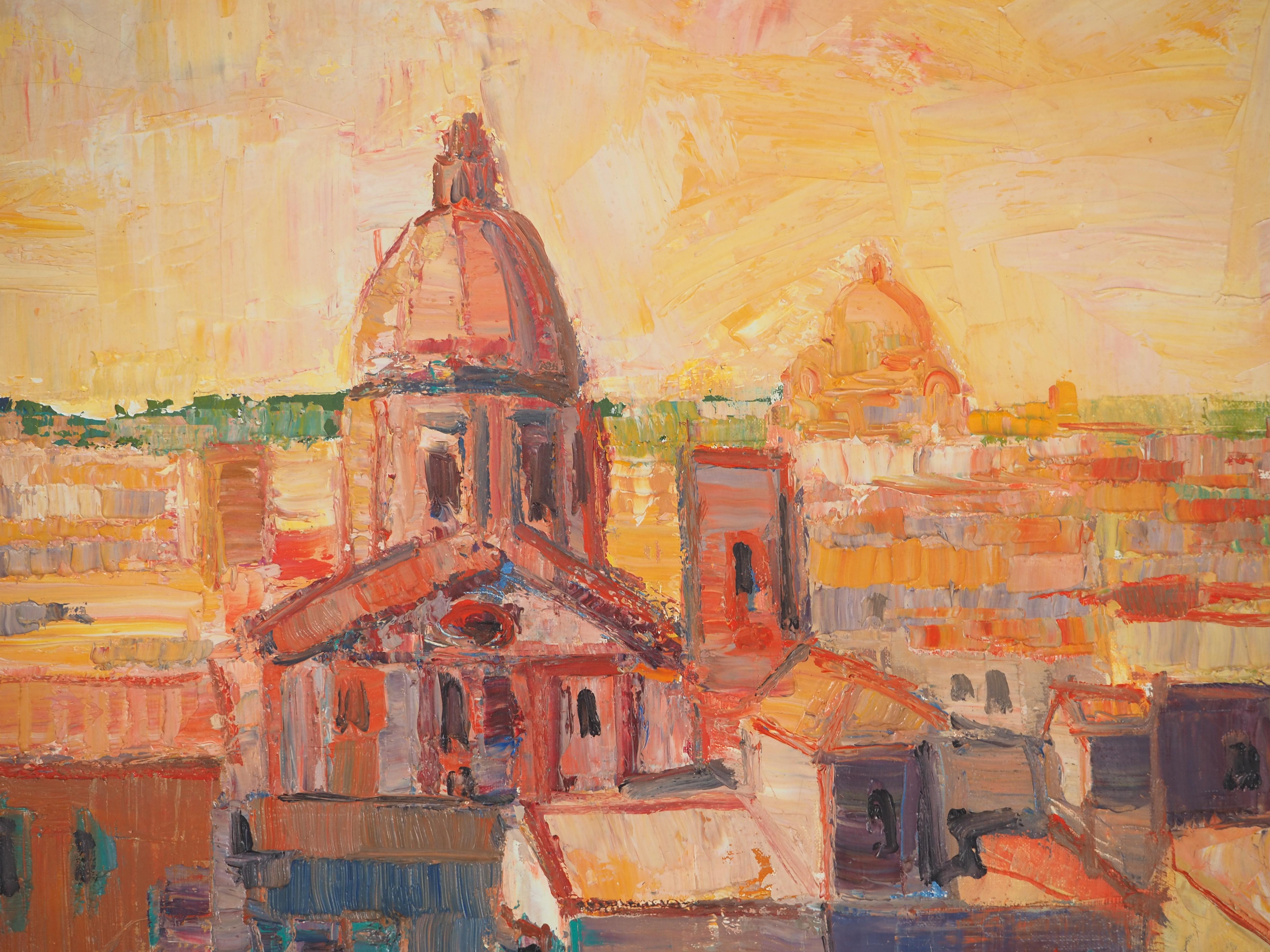 Italy : View on Rome at the Sunset - Original Oil on Canvas, Handsigned - Beige Landscape Painting by Pierre Yves LELARGE