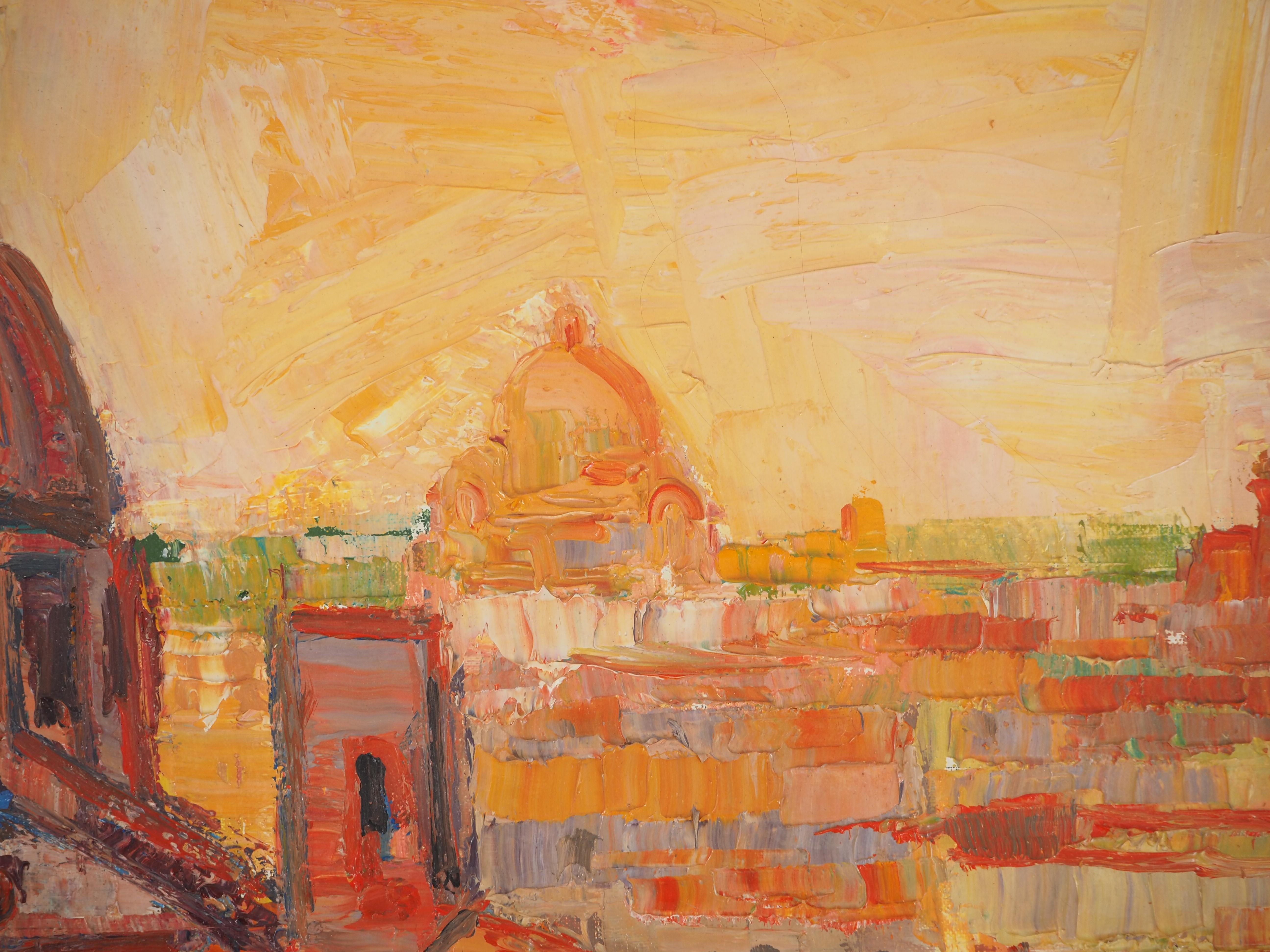 Pierre Yves LELARGE (1935-2016)
View on Rome at the Sunset, c. 1995

Original Oil on canvas
Handsigned on the lower right corner
Signed and titled on the back 
On canvas 50 x 65 cm (c. 20 x 26 in)

Very good condition
